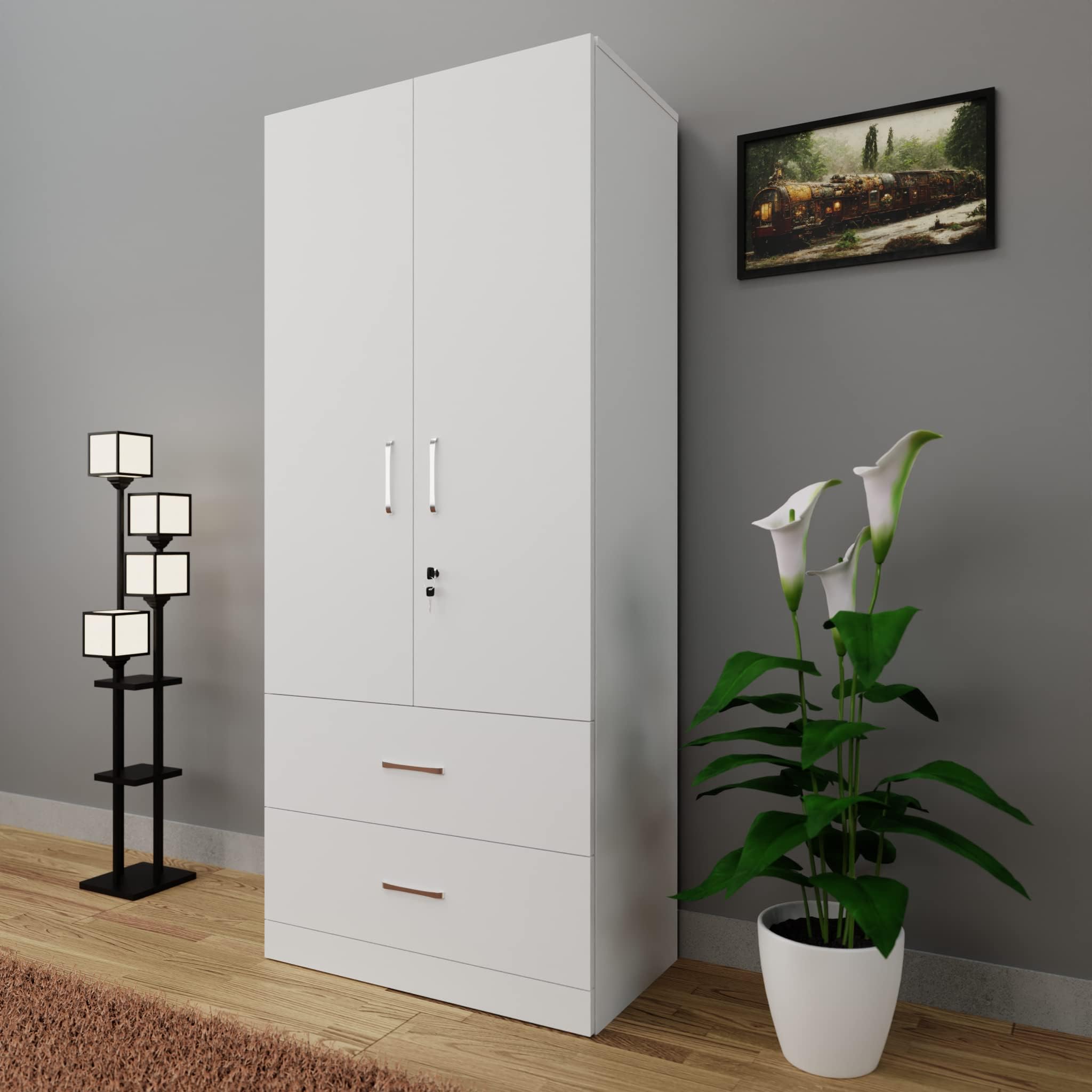 VIKI Wardrobe | Wooden Almirah for Clothes,Door for Bedroom, 2 Door Wardrobe with Drawer & Hanging Space (Frosty White - 40D x 80W x 180H) | 1 Year Warranty | Free Assembly