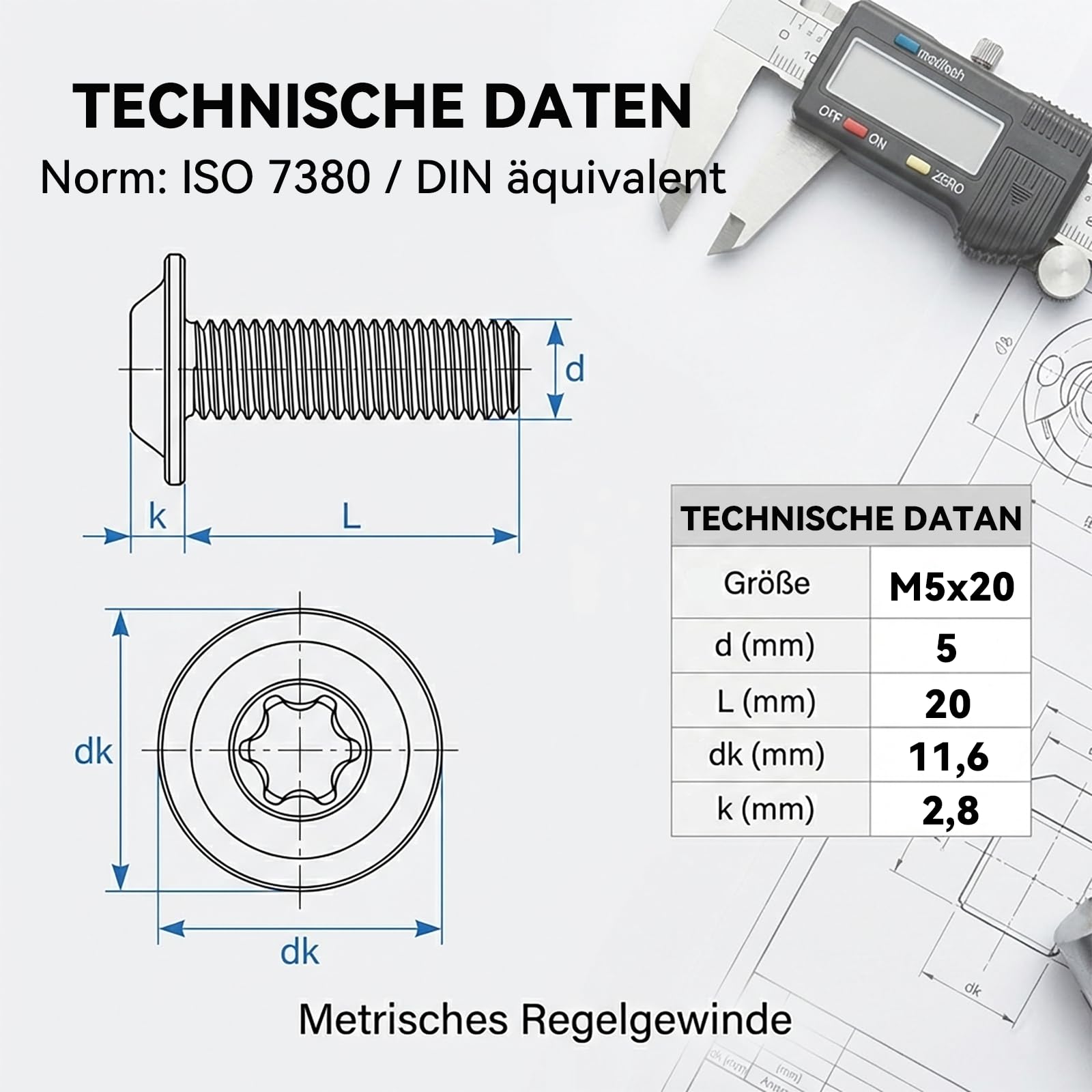 20 śrub M5 x 20 z łbem stożkowym Torx, kołnierz ze stali nierdzewnej A2 V2A, pełny gwint, czarny tlenek, z kluczem Torx