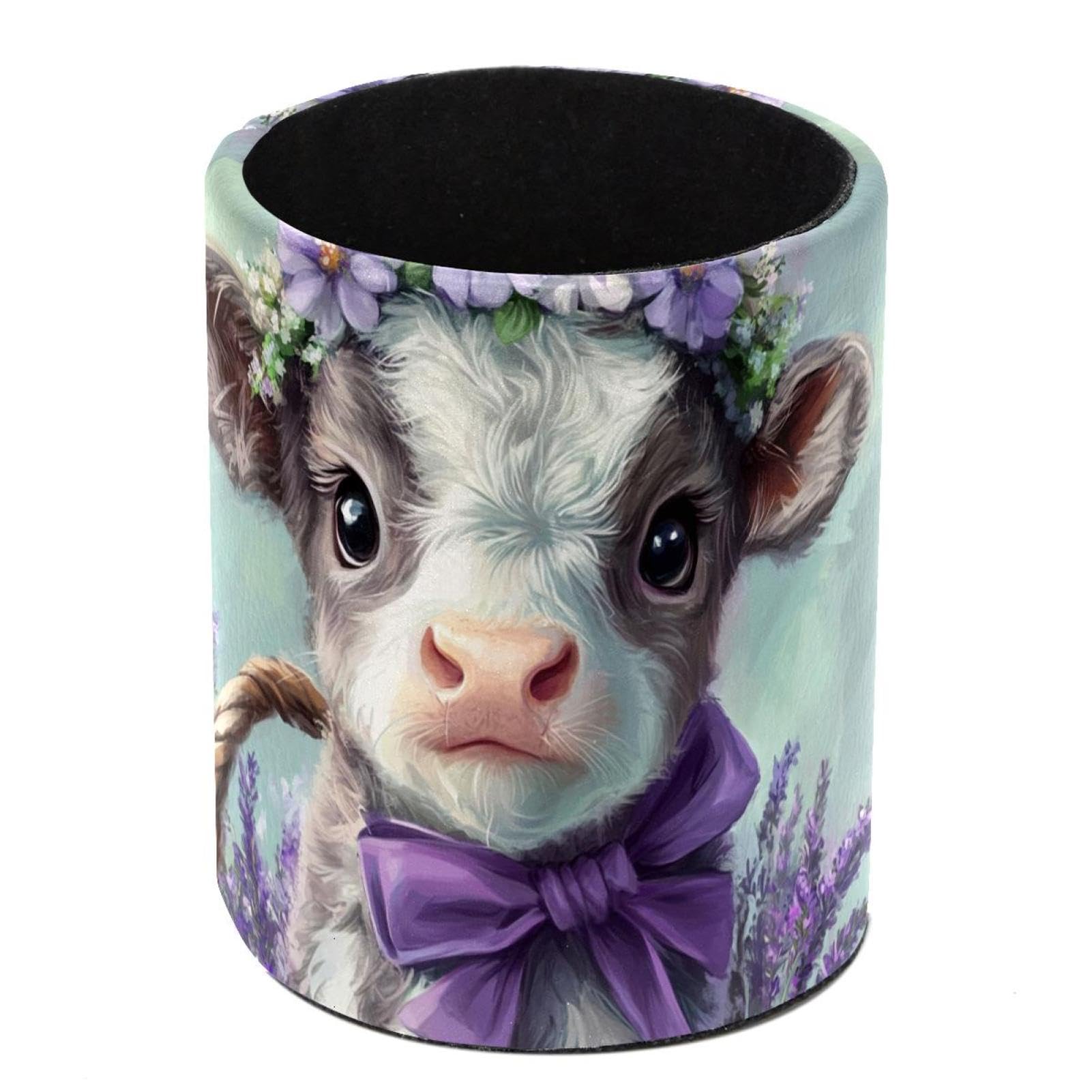 Luoweisi PU Leather Pen Holder, Cow Lavender Flower Pencil Holder for Desk Pen Cup Makeup Brush Holder Organizer Multifunctional Office Supplies for Home School