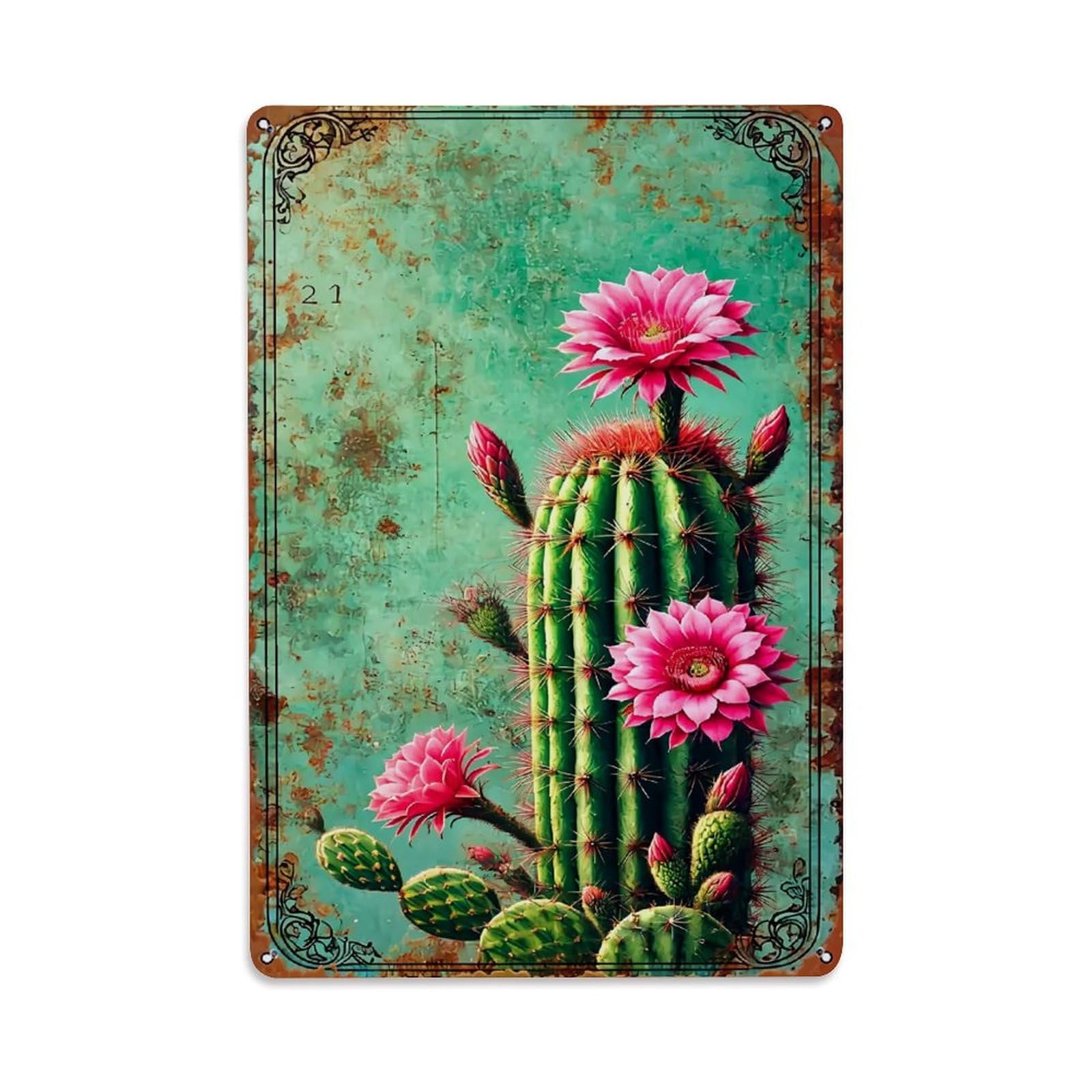Nestemfo Vintage Cactus With Pink Flowers Tin Sign Metal Sign, Living Room,Bar, Home, Bedroom Wall Decor,Retro Metal Poster 8X12 Inches