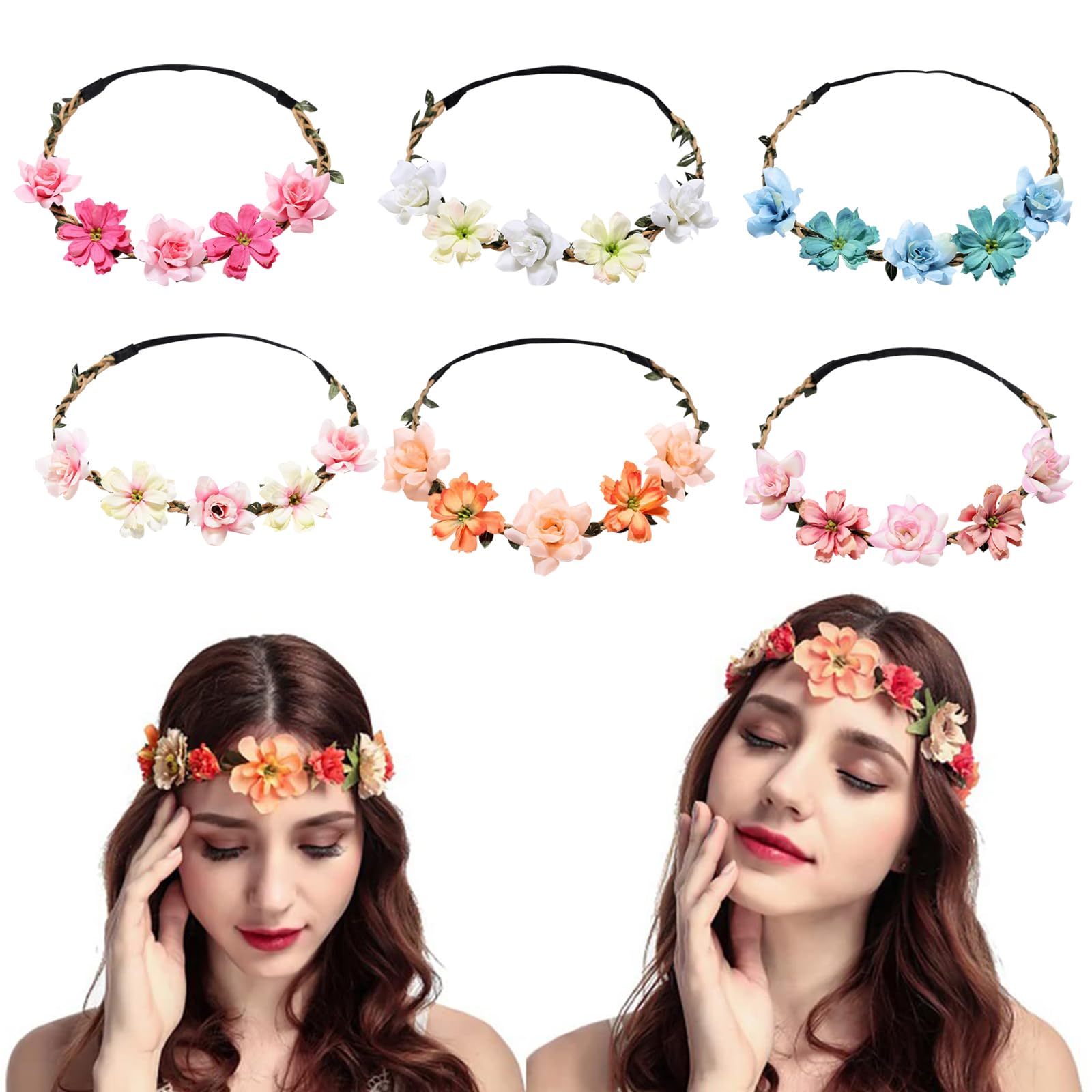 KASESSS 6 Pieces Flower Crown, Flower Headband, Multicolour Flower Hair Band
