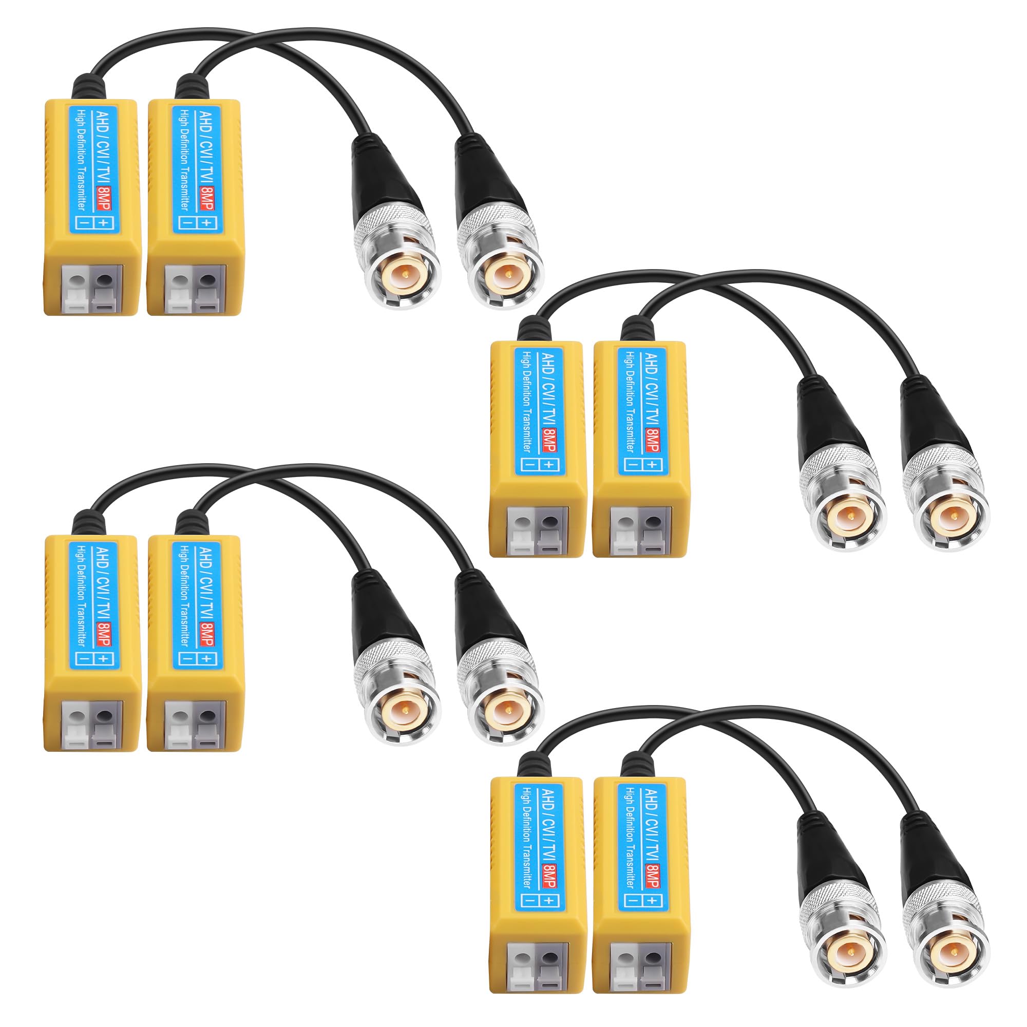 TIENFOKOTA 8MP HD Passive Video Balun Connectors for AHD/CVI/TVI/CVBS Cameras for 1080P 3MP 4MP 5MP 8MP CCTV Security DVR Surveillance Camera System 4 Pairs (Yellow 300-200M Transmission)