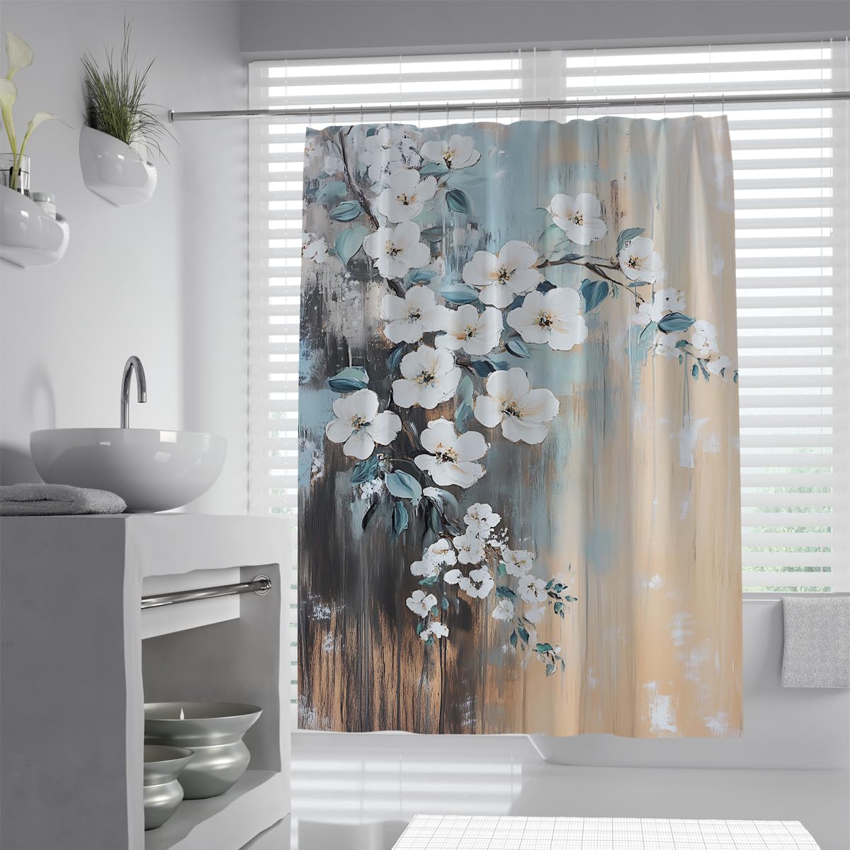 UIRINGART Abstract White Blossom Bathroom Curtain W120xL180cm Luxury Teal Floral Mildew Resistant Water Repellent Bath Curtains With Hook Walk In Shower