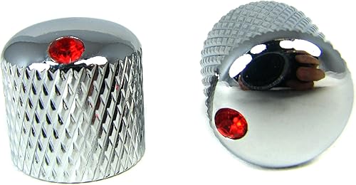 Paquete de 2 perillas de potenciómetro: cromo moleteado superior con indicadores rubí