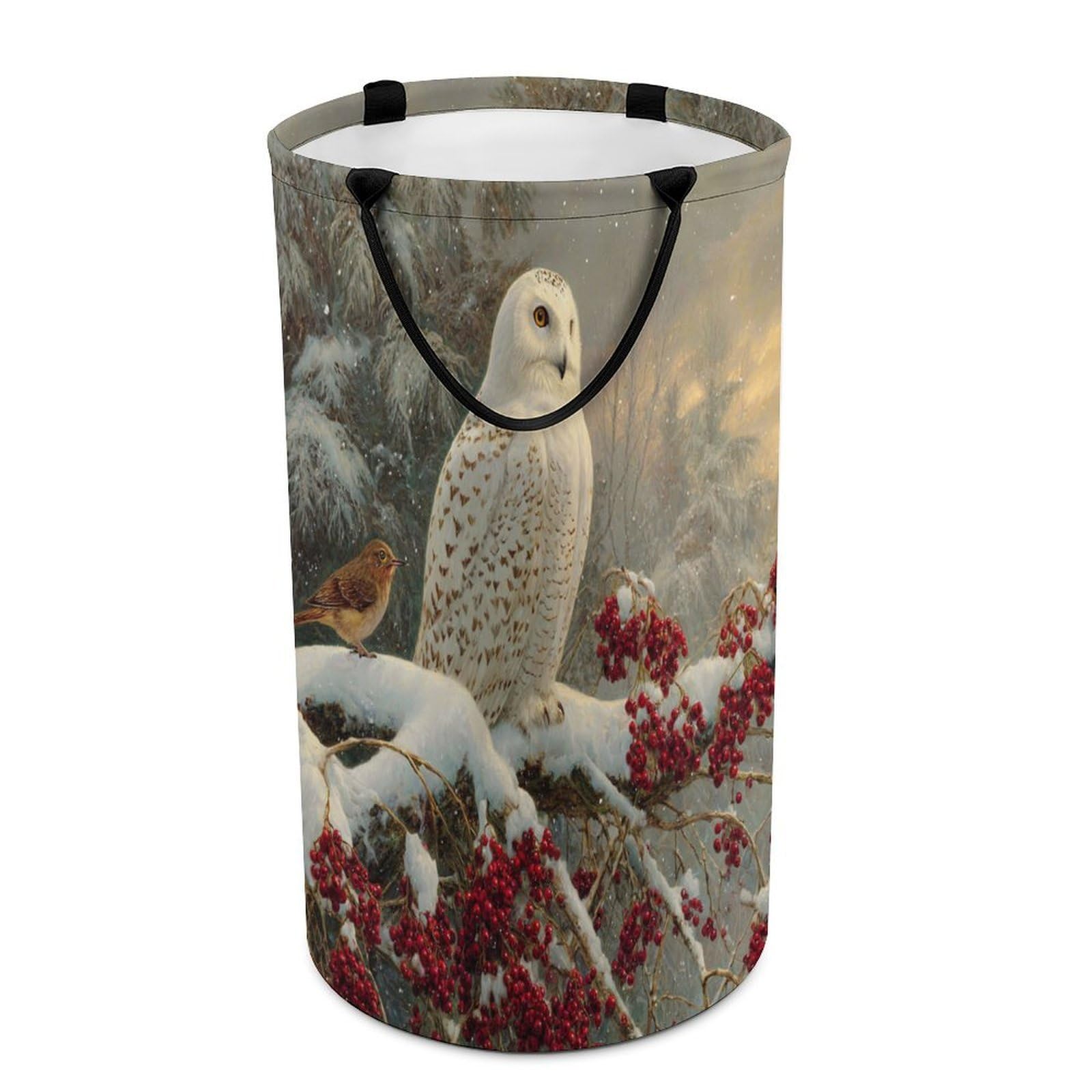 LUYYSKY Retro Beautiful Winter Owl Collapsible Dirty Clothes Basket, Abstract Oil Painting Snowy Forest Landscape Animal Owl Portable Clothes Storage Basket