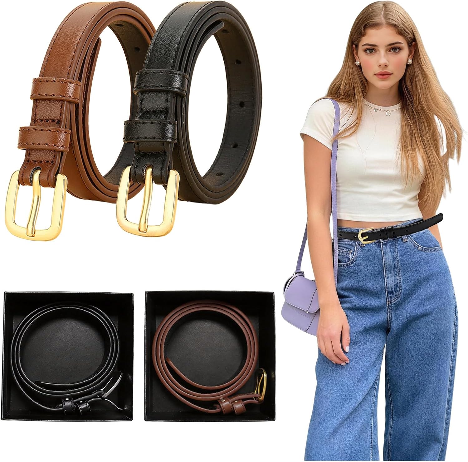 2 Pcs Black and Brown Belt for Women Trendy, Womens Leather Belts for Jeans Pants Dress with Gold Buckle