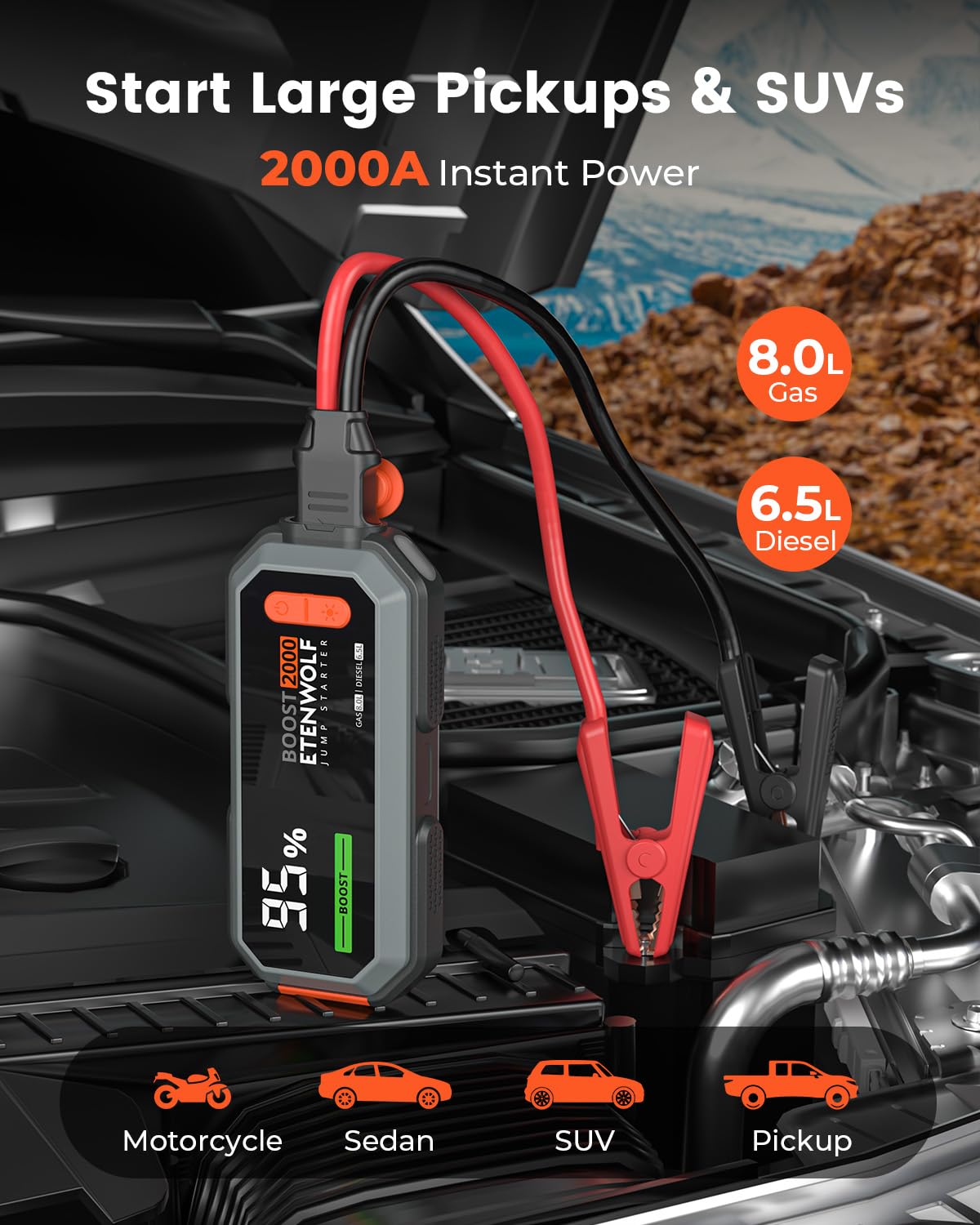Car Battery Jump Starter Portable, 2000A Peak Jump Box- 12V Car Jump Starter for up to 8.0L Gas and 6.5L Diesel Engines, USB-C Portable Battery Jumper with Jumper Cable, Power Bank, LED Light
