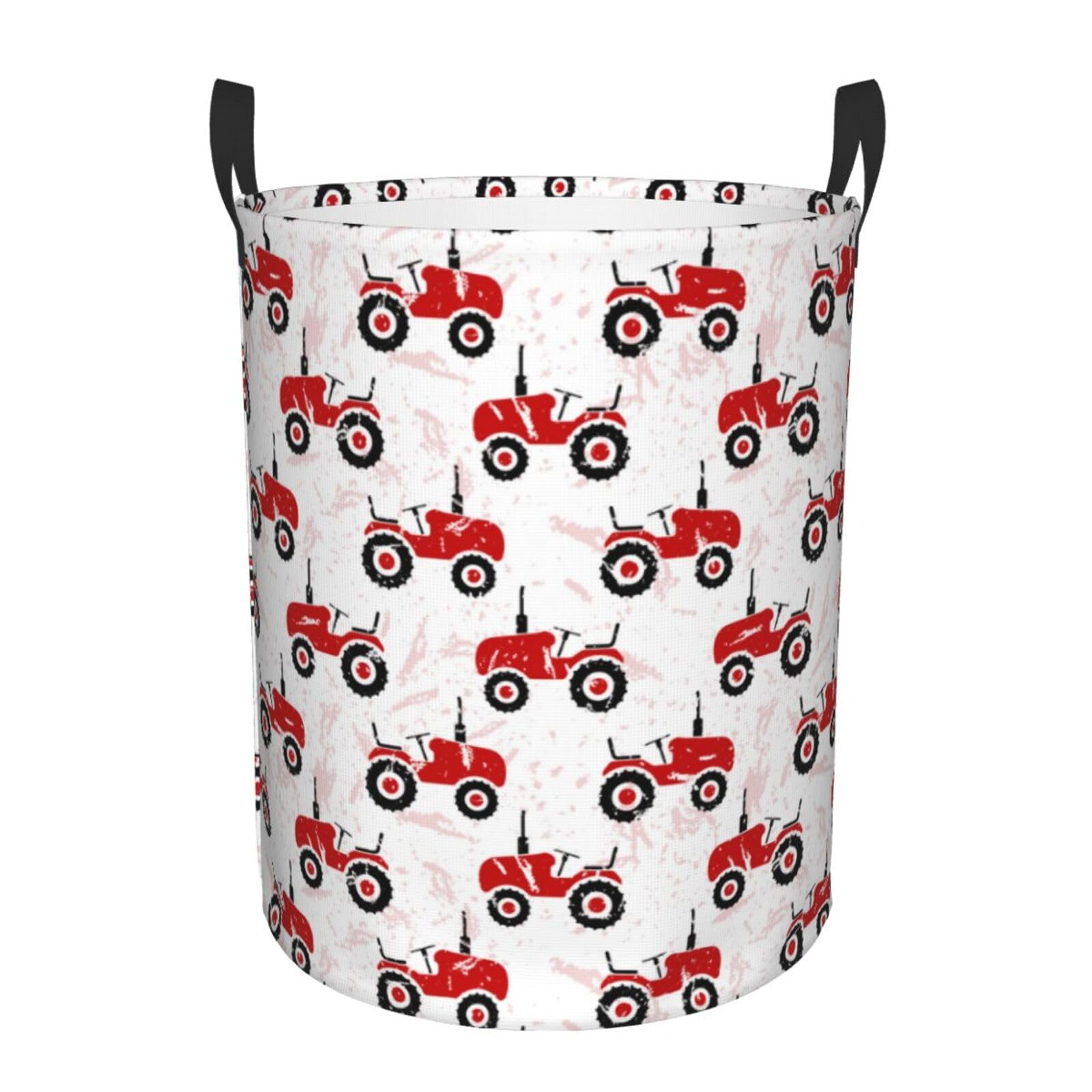 Kuilepa Red Wheeled Tractors Print Laundry Basket Circular Laundry Hamper With Handles Waterproof Dirty Clothes Storage Basket For Bedroom Bathroom Dorm Living Room-Medium