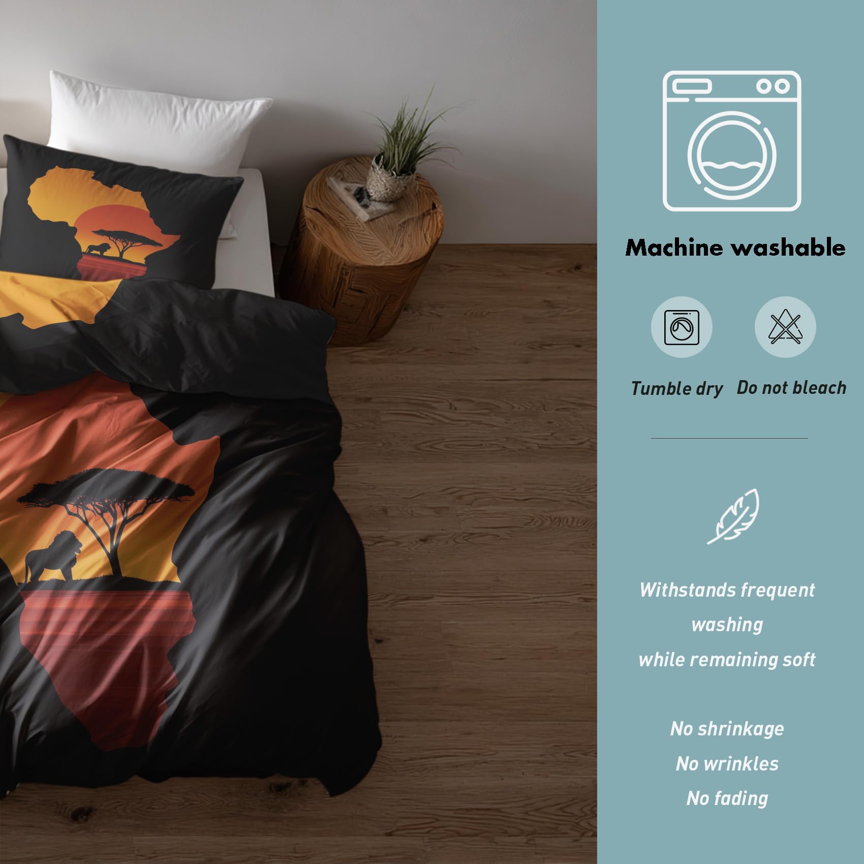 Bettwäsche 200x220 Afrikanische Sonnenuntergang Design, 3teilig - Afrikanische Safari Wildtier Bettbezug und 2 Kissenbezug 80x80, Wendebettwäsche, Schlafzimmer Deko, mit Reißverschluss SD-1325