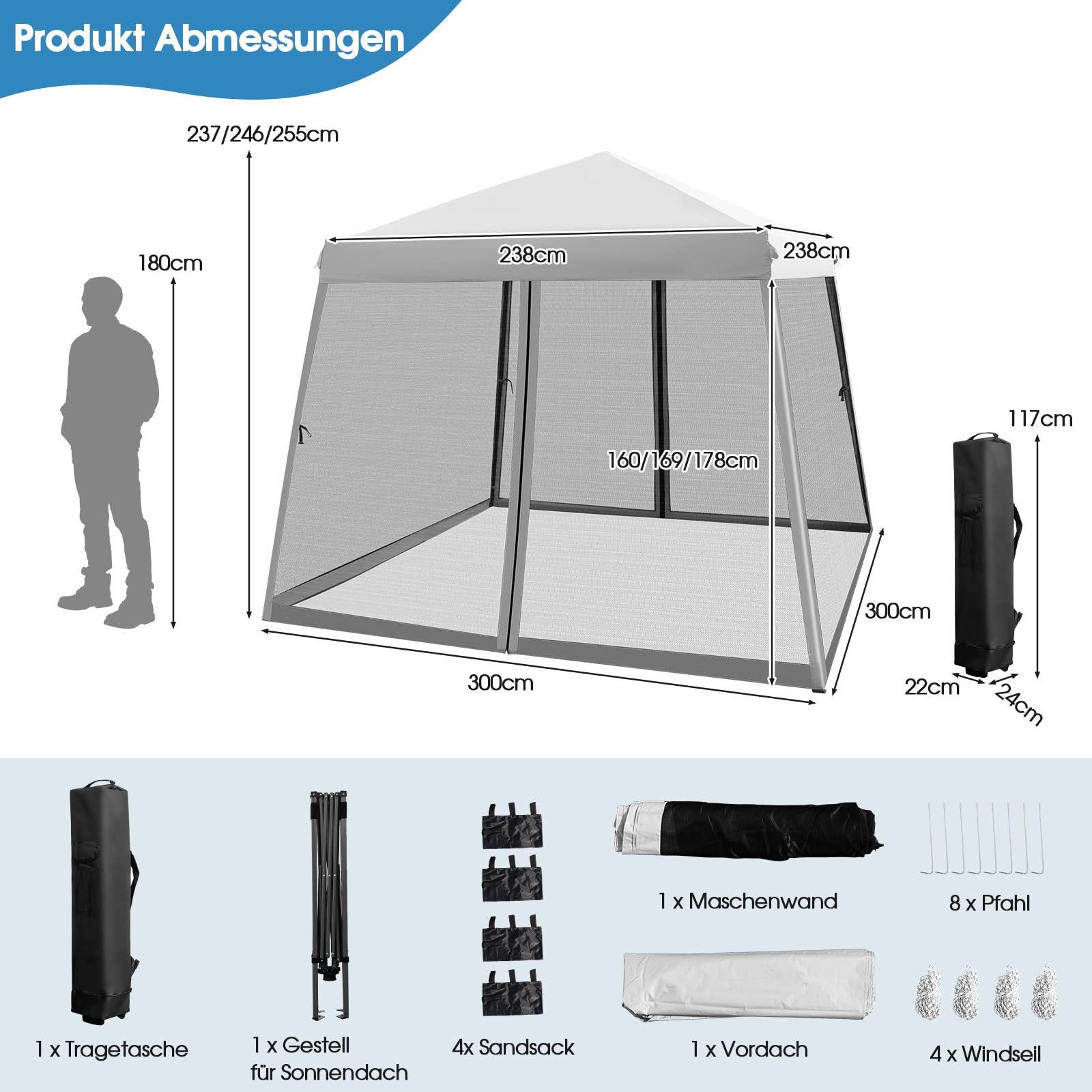COSTWAY NP10301GRDE Pawilon składany 3 x 3 m z moskitierą i workami na piasek, ochrona przed promieniowaniem UV 50 +, namiot ogrodowy, namiot imprezowy, stabilny, pawilon ogrodowy do ogrodu, w zestawie torba zwijana (szary)