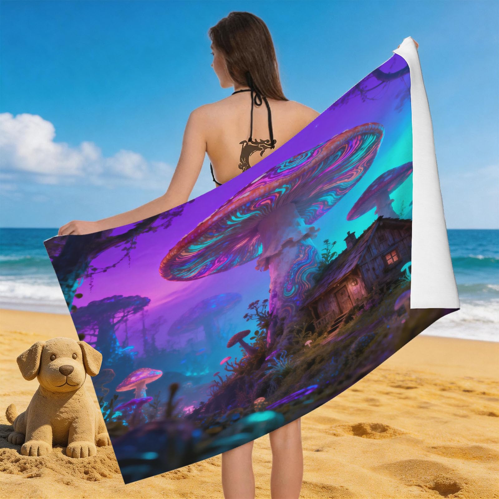 Leichong 3D Fantasy Mushroom Beach Towel Microfiber Soft Quick Dry for Adults, Cartoon Bath Towel Lightweight Soft Absorbent for Travel Swimming Pool Sports, 75 x 150 cm