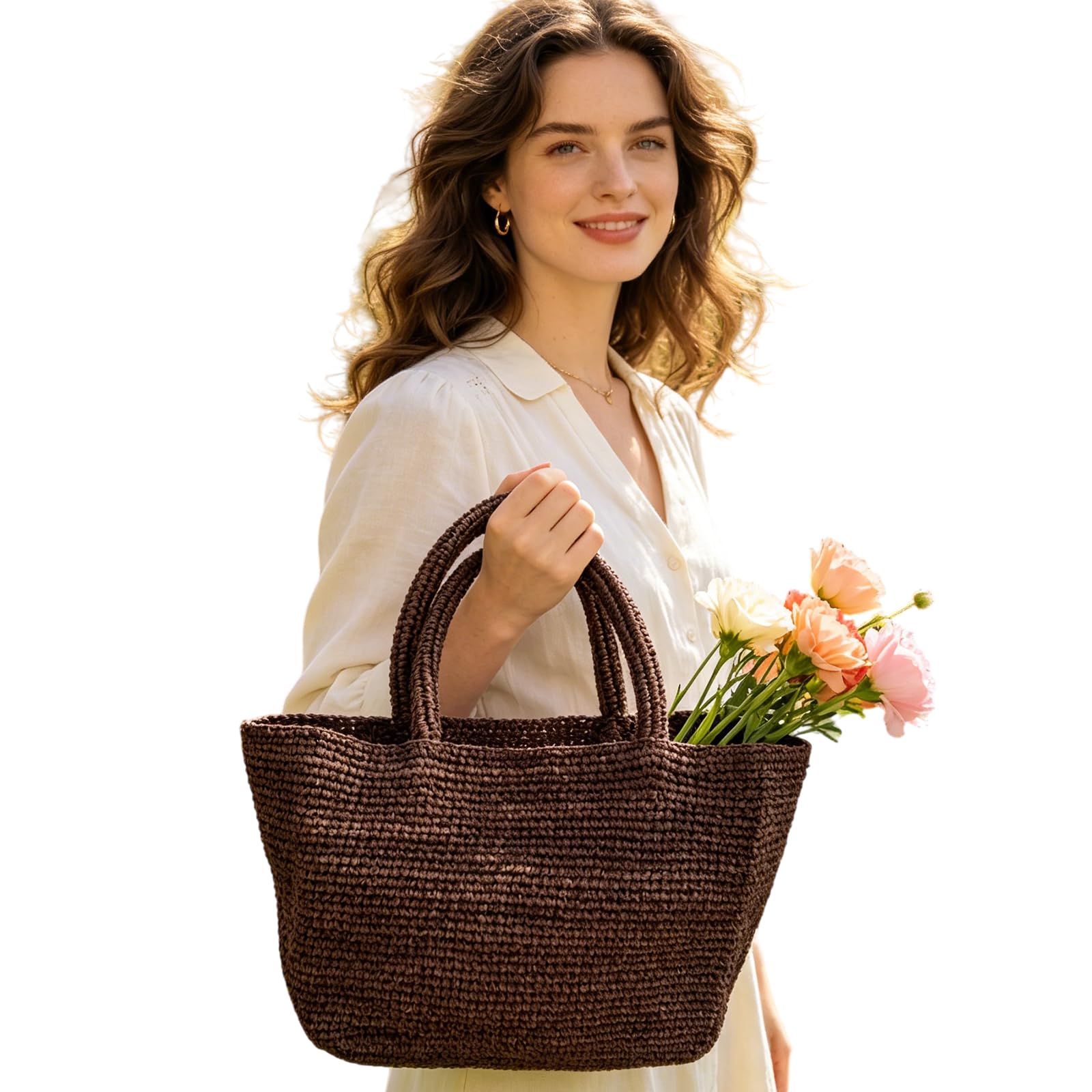 Borsa da spiaggia intrecciata da donna in rafia fatta a mano | Borsa tote in rafia all'uncinetto, versatile per lavoro, viaggi e market, con comoda presa e tatto artigianale