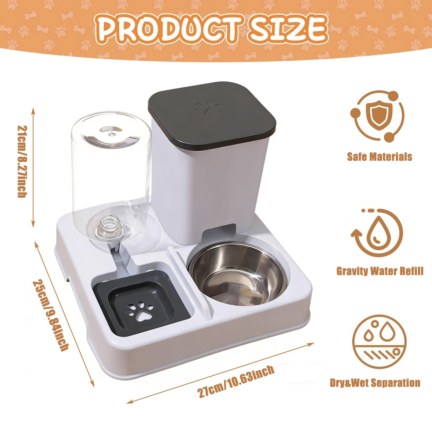 2-in-1 Automatischer Futter und Wasserspender für Haustiere, Abnehmbarer Futterstation, Katzenfutter Spender und Tränke mit Edelstahlschale, Futterspender für Katze und kleine Hunde (Grauweiß)