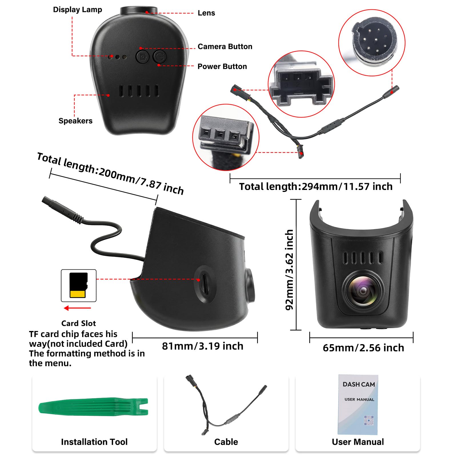 CAMECHO Dashcam 4K Compatibile con Porsche Cayenne 911, macchina fotografica 2160P 30fps Wi-Fi Video con sensore G, registrazione loop, dash cam per auto, accessori OEM Audi