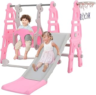 INMOZATA 4 in 1 Kids Slide with Basketball Hoops & Swing, Slide and Swing Set for Kids, Toddler Climber Slide Playset for Toddlers Age 1-3-Perfect for Indoor & Outdoor (Pink)