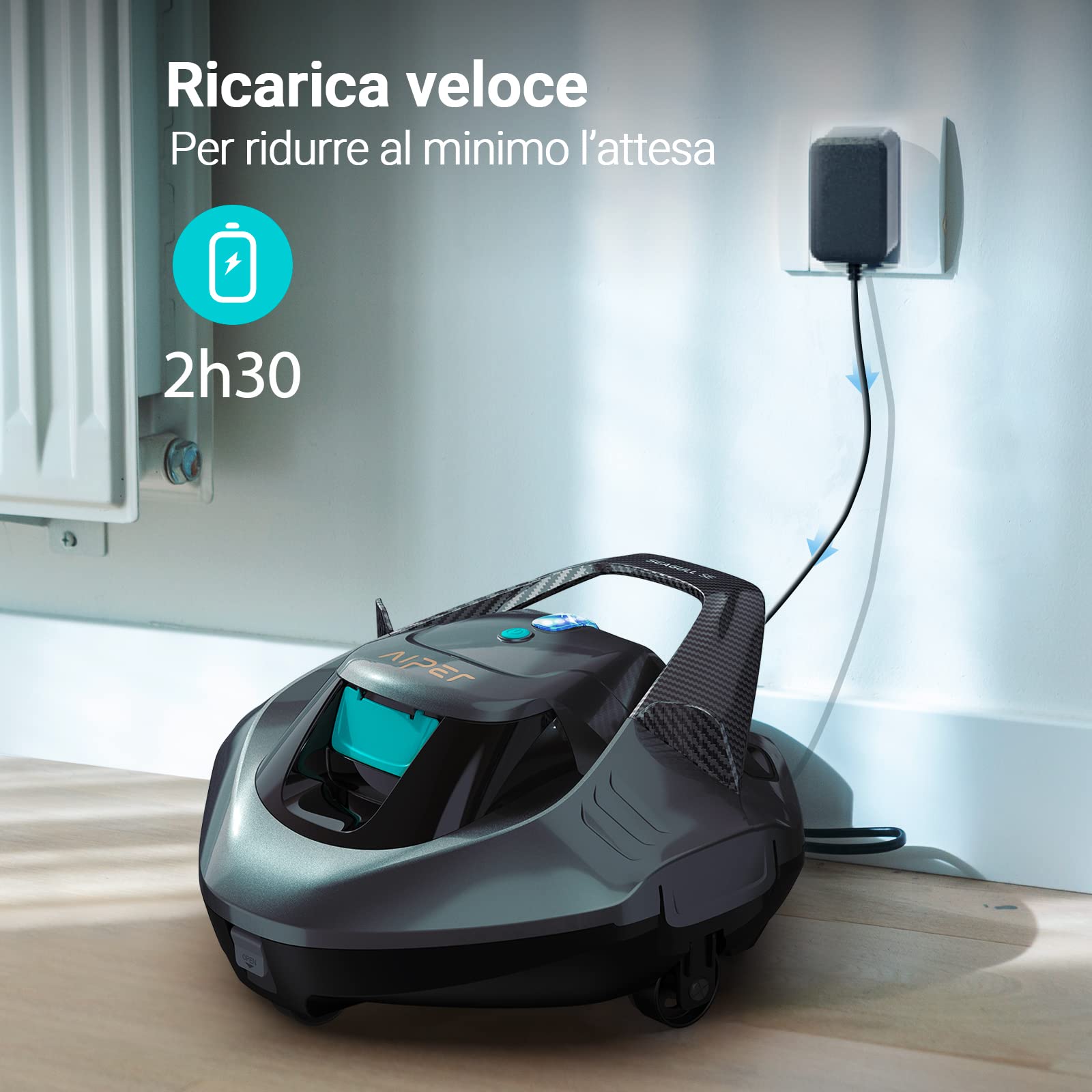 AIPER Seagull SE - Robot Piscina senza Fili, Motore Dual-Drive, Avvio One-Click, AutoParcheggio, Ricarica Veloce, Durata fino 90 min, piscine max 80 m, Gancio Recupero/2x Spazzole/2x Ruote, Grigio