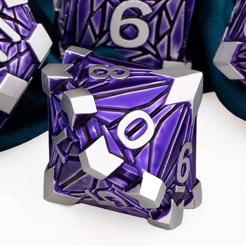 Miniatura 4 de ARUOHHA DND - Juego de dados de metal con fragmentos de cristal, dados D&D con caja de regalo, 7 dados poliédricos plateados y morados, juego de rol