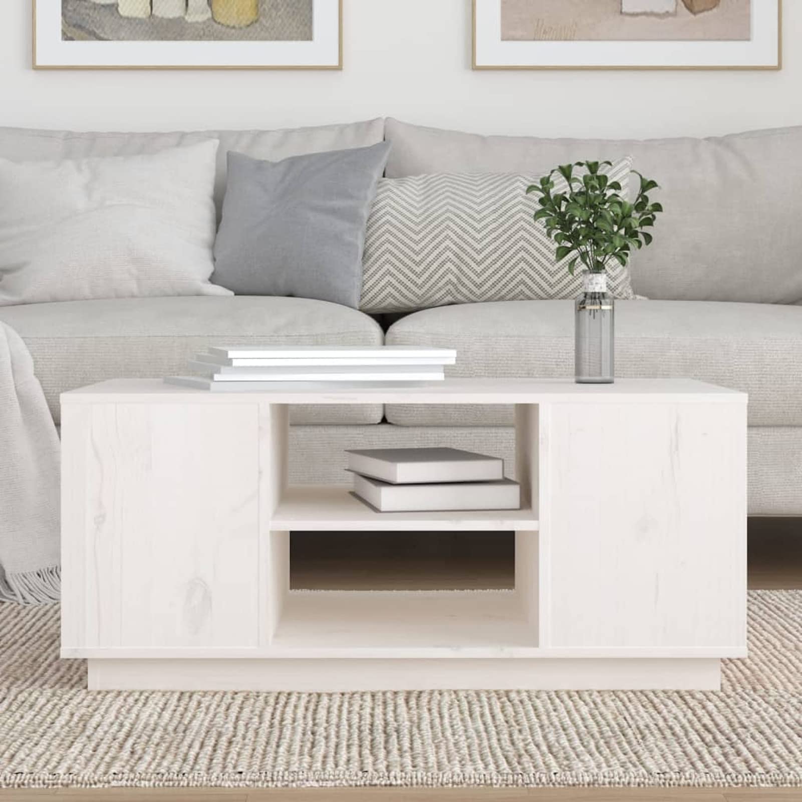 Homgoday Table basse blanche 90 x 49 x 40,5 cm en pin massif, table d'appoint, table d'appoint pour salon, salle de réception d'invités, chambre à coucher et mobilier de bureau