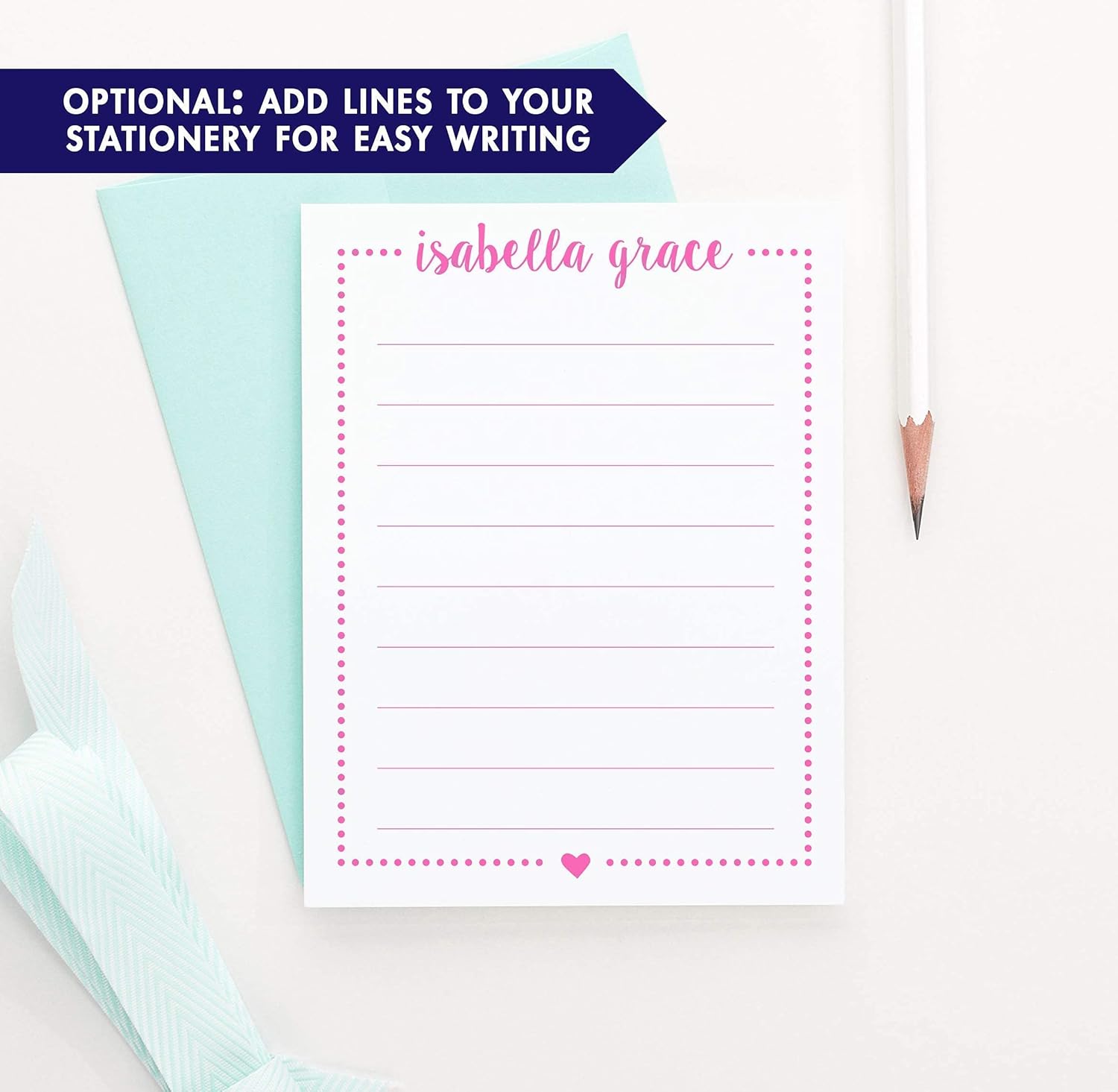 Personalized Girls Stationary with Envelopes FLAT NOTE CARDS, Heart Stationary with Envelopes, Personalized Girls Note Cards with Heart Note Cards with Envelopes, Your Choice of Colors and Quantity