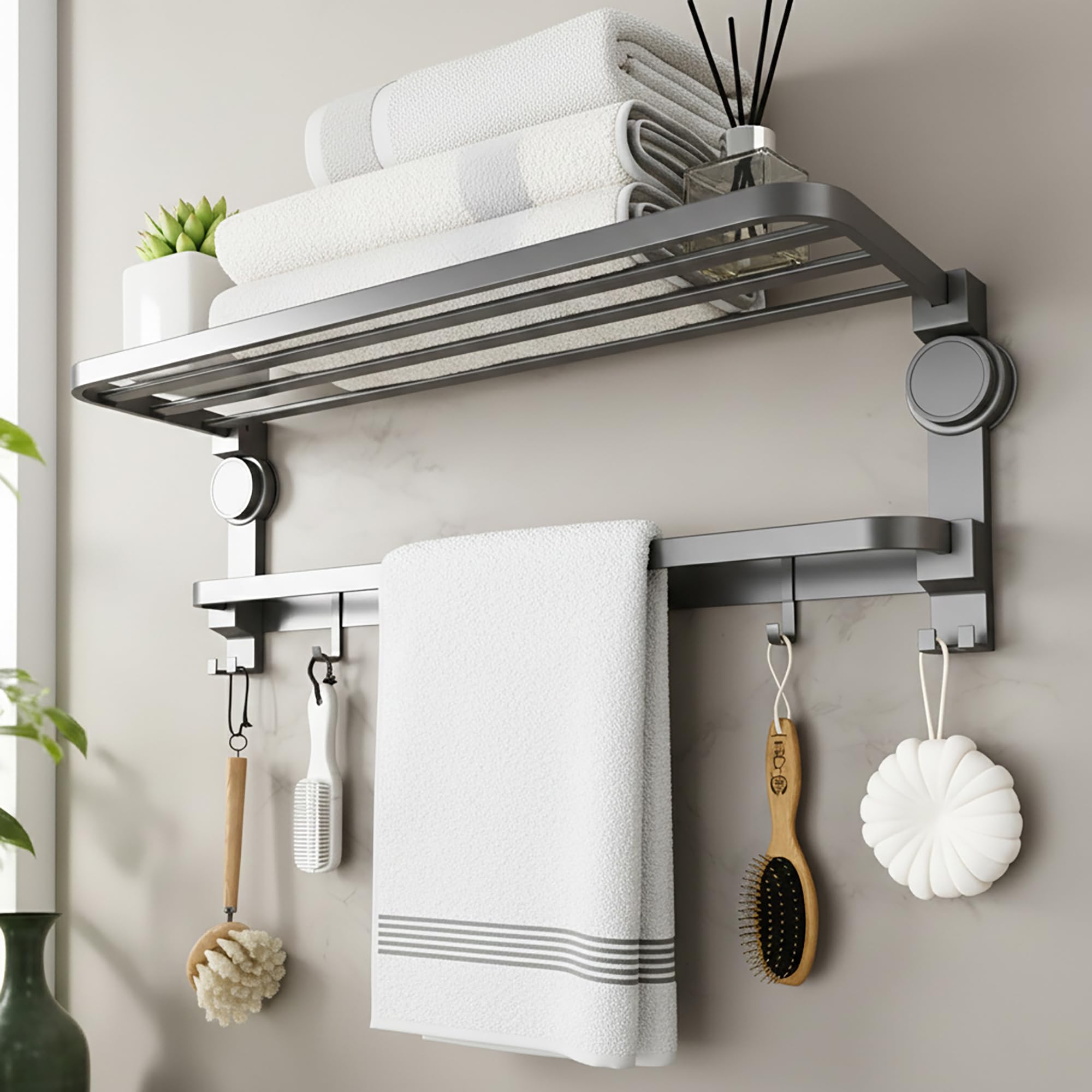Story@Home 24 Inches Premium Aluminium Finish Folding Towel Holder Rack for Bathroom, Rod with Hooks | Rack for Bathroom, Suction Towel Rack | Folding Towel Rack Floating No Drill Shelf - Grey-image-39