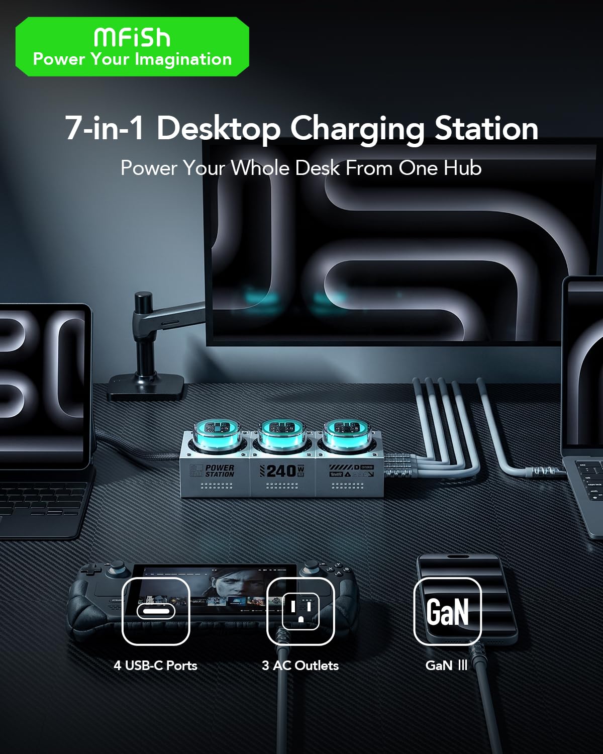 Mfish Station de Charge GaN 240 W, Station d'alimentation Super Rapide à 7 Ports, Bloc de Chargeur USB C avec éclairage d'ambiance RVB, multiprise pour MacBook, iPhone 17/16/15/14, Galaxy, et Plus