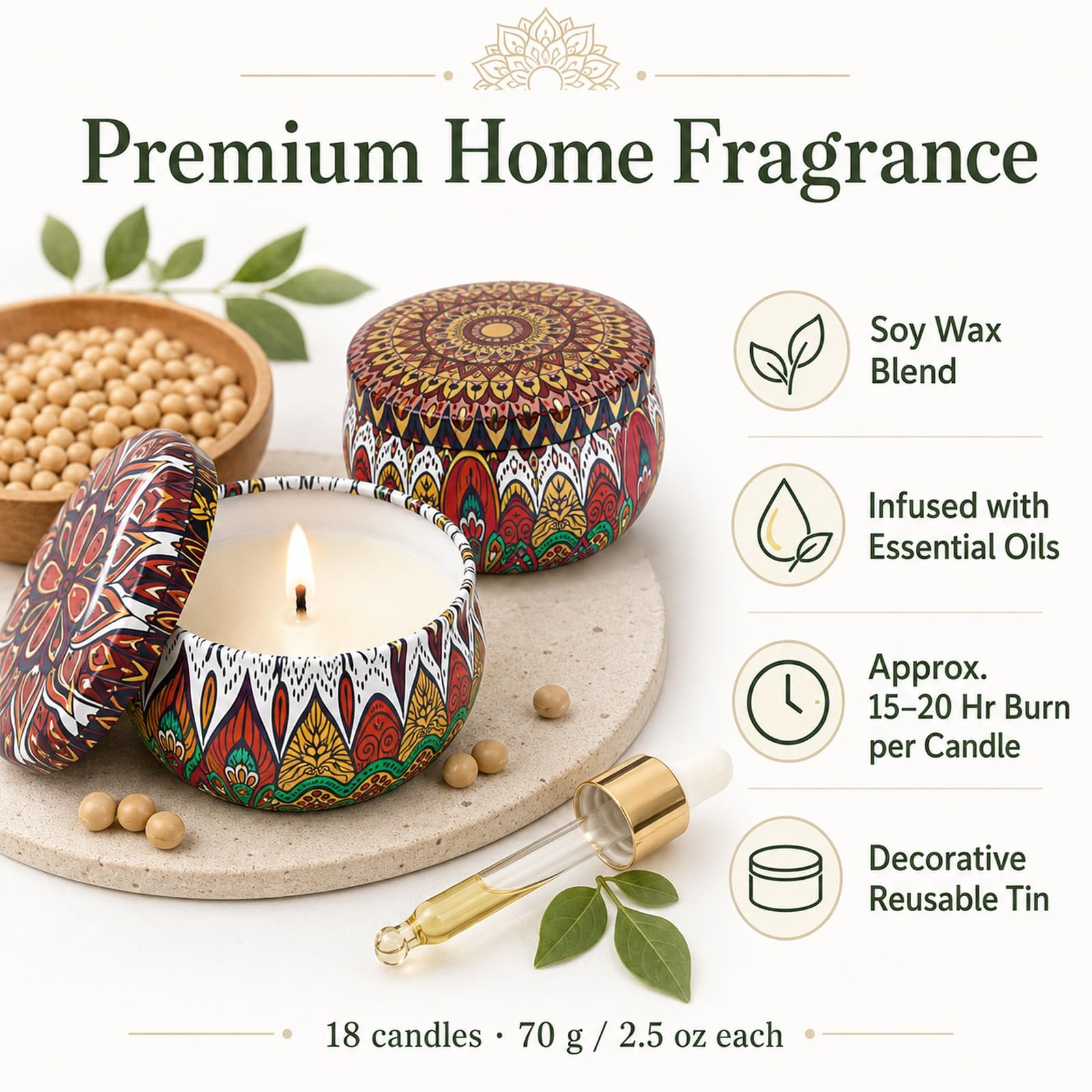 Set regalo di candele profumate, confezione da 18 candele in cera di soia, 70 g, barattoli decorativi in metallo con fragranze assortite, contenitori riutilizzabili in ferro per casa, bagno, spa, yoga