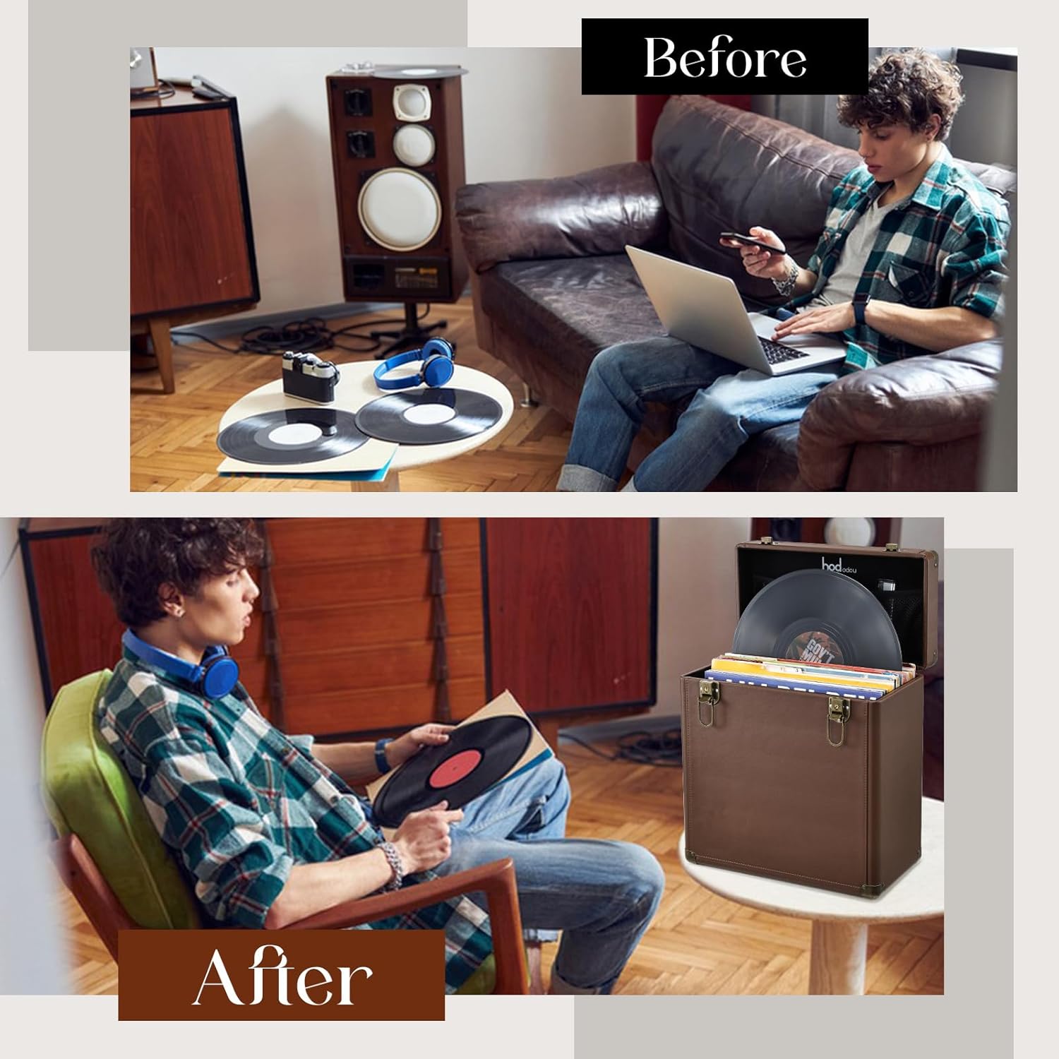 Hododou Vinyl Record Storage Box with Lock Record Organizer Storage for 30+ Single Records 12-inch Water Resistant Collapsible Storage Crate with Lid Handle Mesh Pouch for Valuable Album Collection