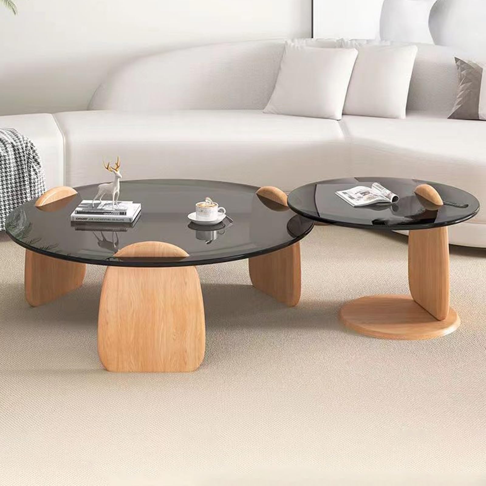 Table basse gigogne salon meuble petit espace verre trempé et bois naturel 70cm