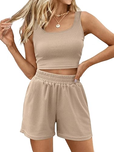 Trendy Queen - Conjunto de verano de dos piezas, blusa corta tipo ombliguera sin mangas a juego, shorts de tiro alto