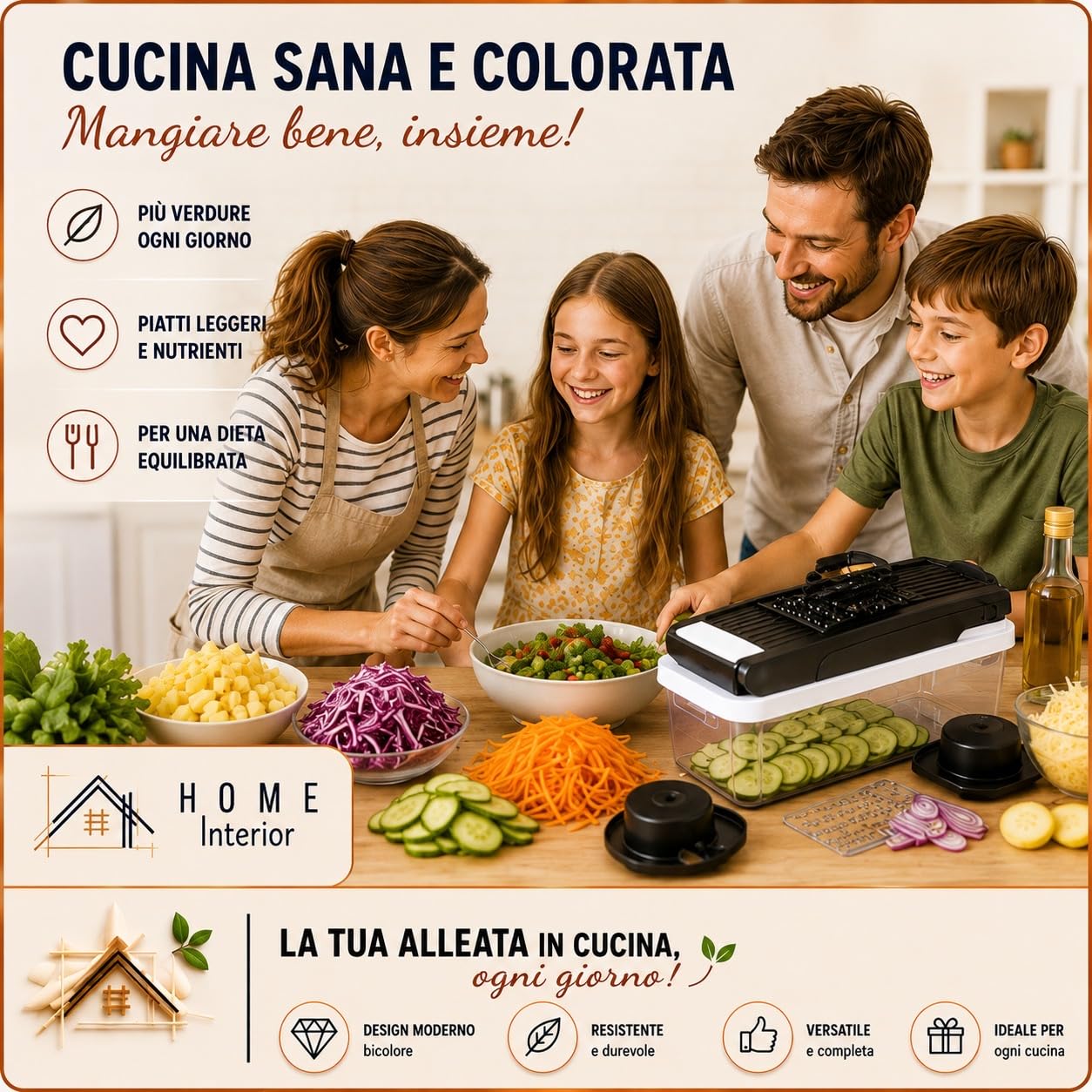 Mandolina per Verdure con 12 Accessori | Lame Intercambiabili in Acciaio Inox | Contenitore Trasparente | Tritatutto Multifunzionale per Verdure