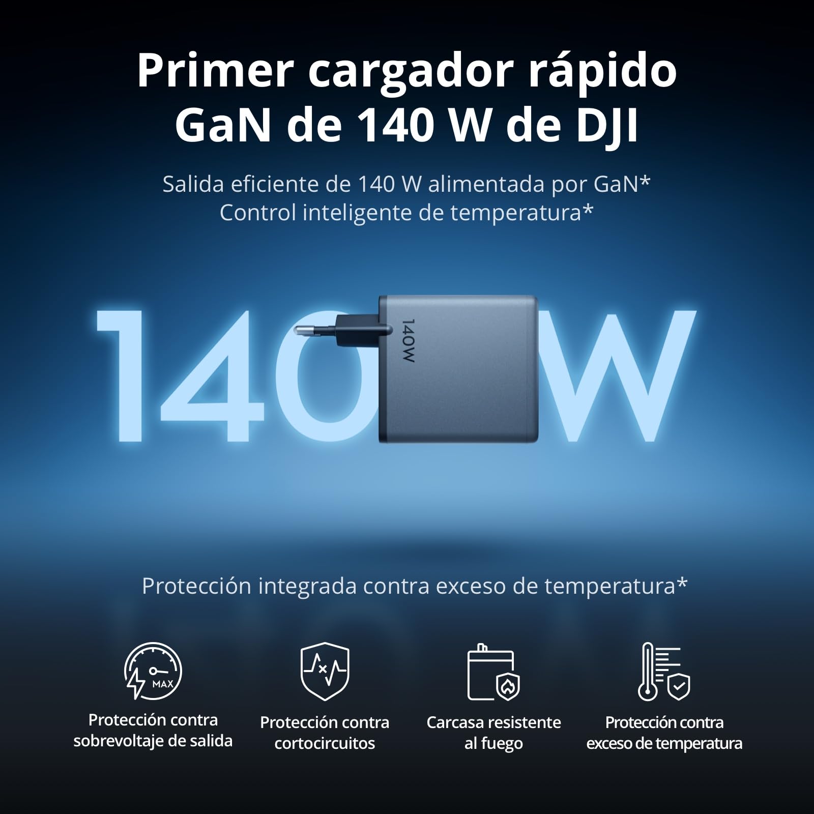 Pack de Carga GAN de 140 W DJI Power con Cable 7 A con Pantalla (1 m) | Salida de 140 W, 3 puertos, control inteligente de temperatura, carga rápida, PD 3.1, cargador para ordenador portátil