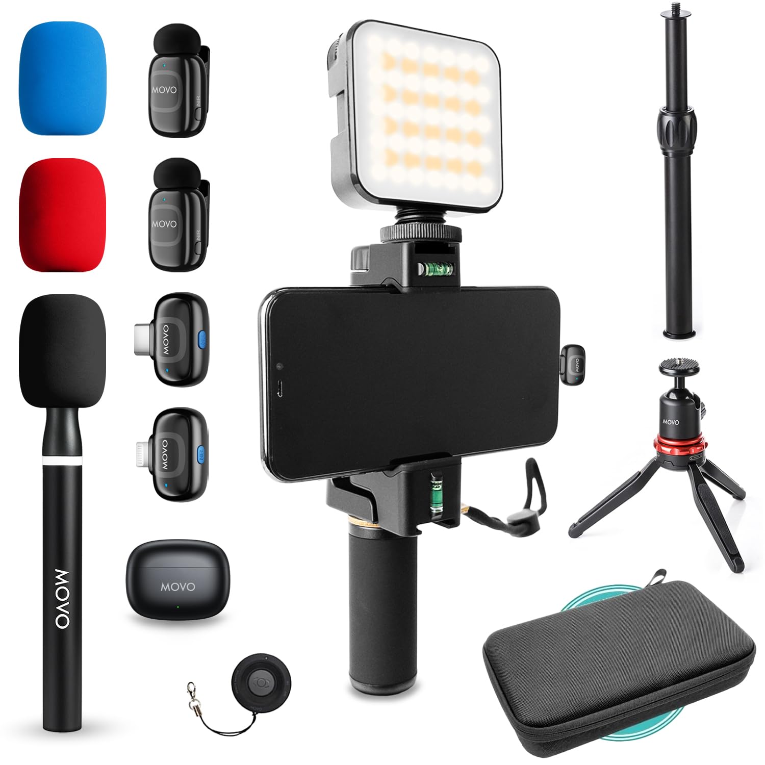 Movo iVlogger-PRO Wireless Vlogging Kit for iPhone/Android - YouTube Starter Kit with Wireless Microphone and LED Light for Content Creators