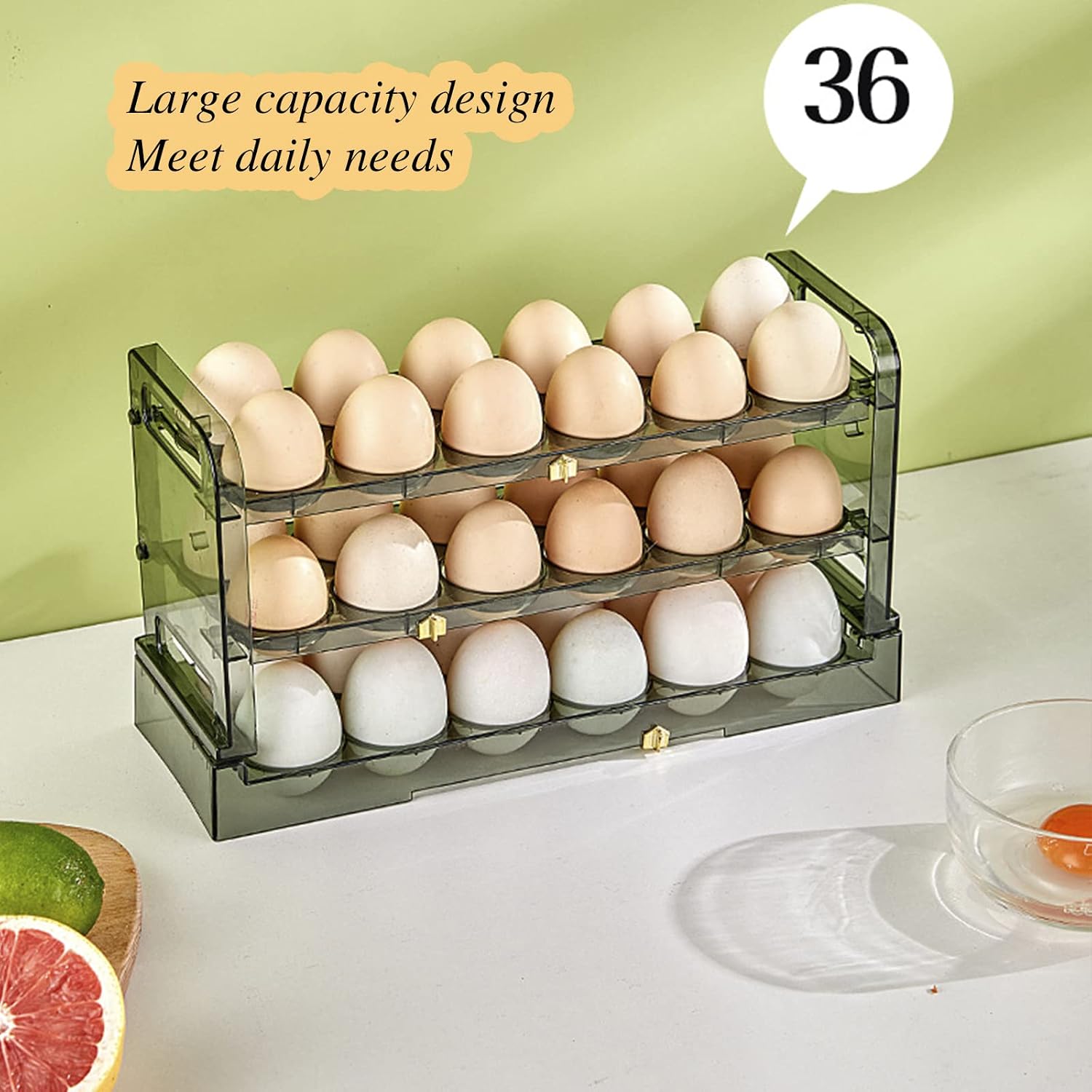 3 Tier Refrigerator Egg Holder Egg Holder Rack Egg Storage Rack Egg Organizer for Refrigerator for Kitchen for Countertop,Hold 36 Eggs (Green)