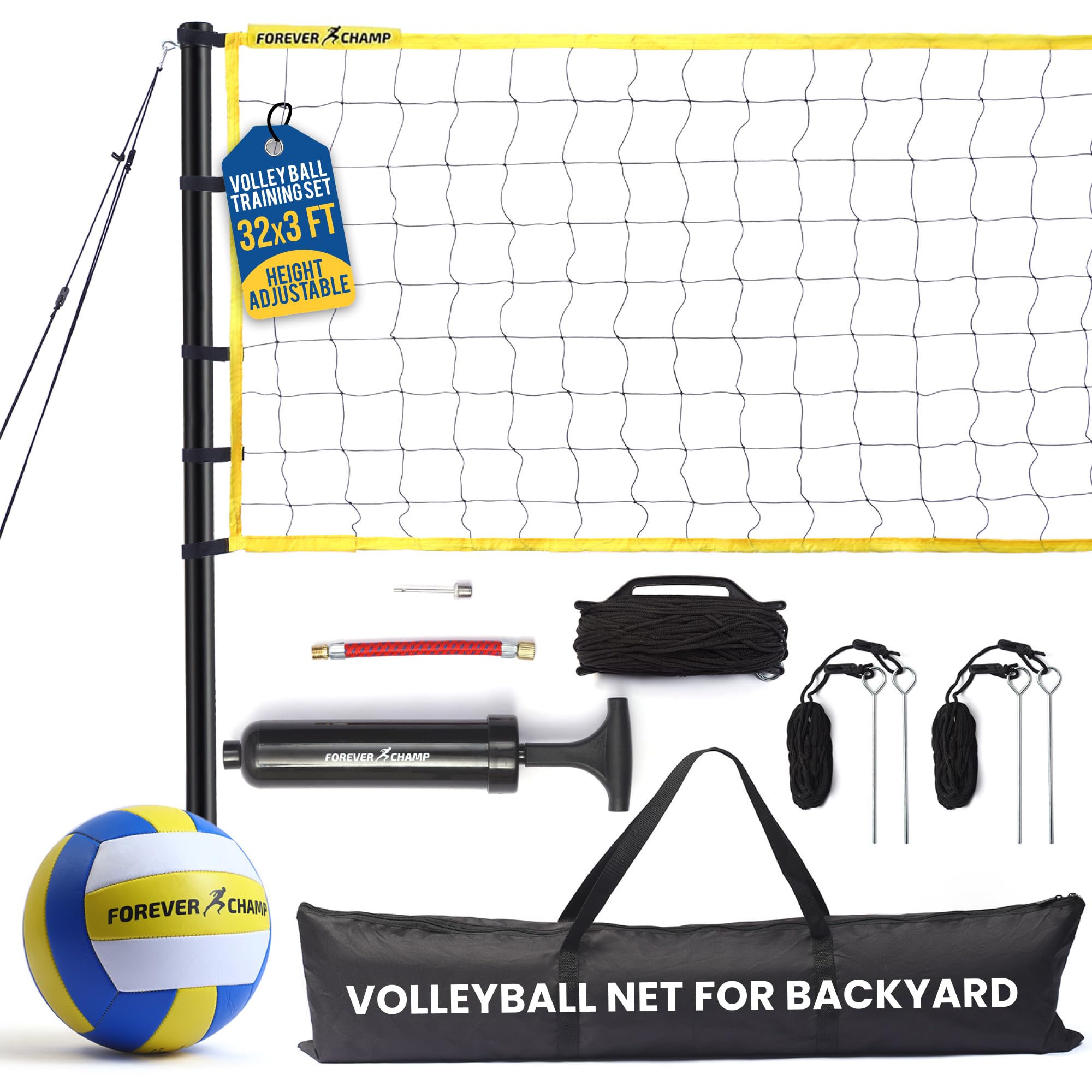 Forever Champ Volleyball Net for Backyard, Beach, Home, Includes 32x3 Ft Regulation Size Net, 8.5-Inch PU Volleyball, Carrying Bag, Boundary Lines, Steel Poles & Pump, Portable Volleyball Net Outdoor