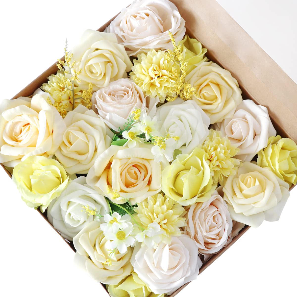 CYANLUX Artificial Flowers Combo Box Set Fake Flowers Mix Silk Flowers Peony Roses with Stems for DIY Wedding Bridal Bouquets, Baby Shower, Floral Arrangement, Table Centerpieces (Yellow)
