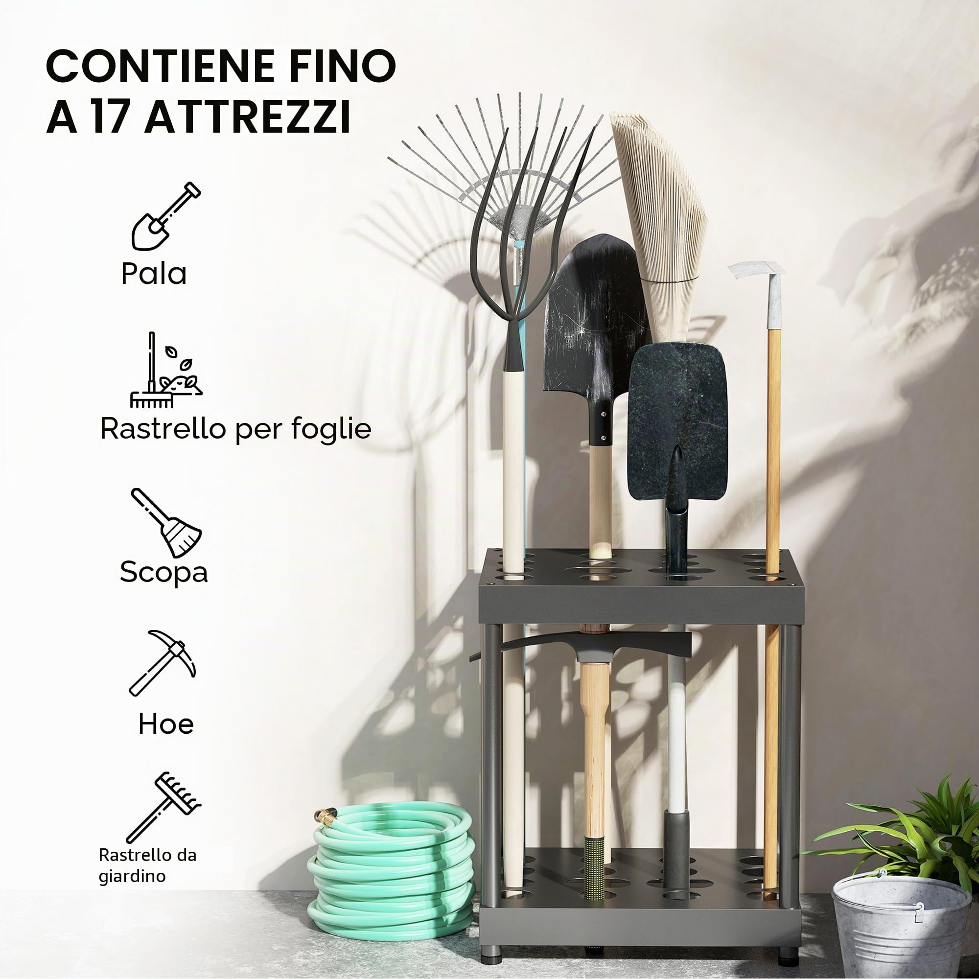 Outsunny Organizzatore per Attrezzi da Giardino, Porta Attrezzi da Giardino a 16 Scomparti a 2 Livelli con Cuscinetti Regolabili per Forbici da potatura, Pale, rastrelli, per capannone, Garage, Nero