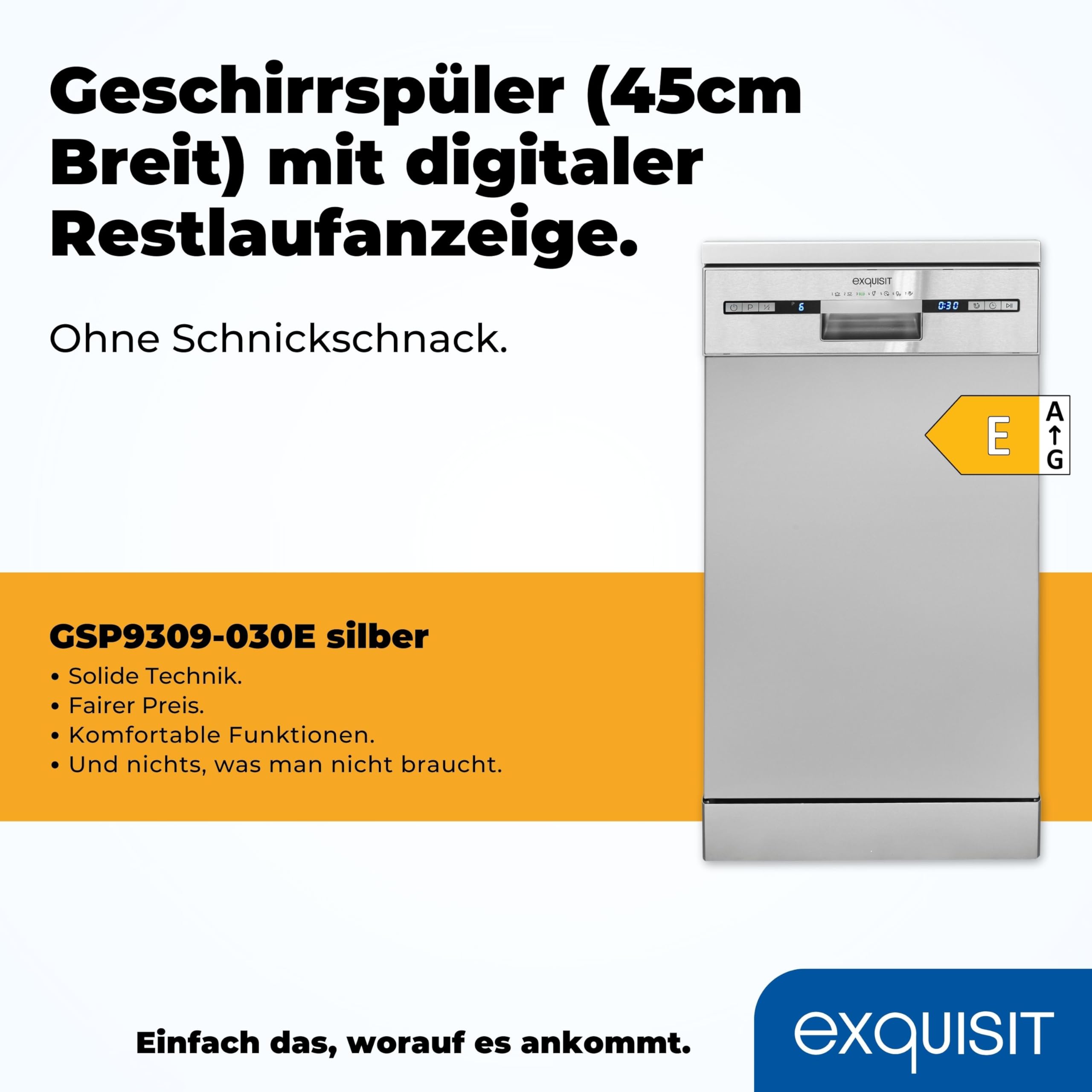 Exquisit Geschirrspüler GSP9309-030E 9 Maßgedecke Energieeffizienzklasse E 49 dB(A) silber