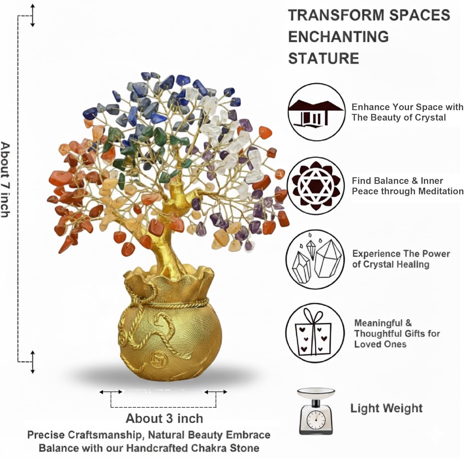 JD FRESH Feng Shui 7 Chakra Crystal Tree with Golden Money Bag Base/Natural Gemstone Decorative Showpiece Bonsai Tree for Home & Office Décor, Good Luck Diwali Gift, Wealth & Prosperity