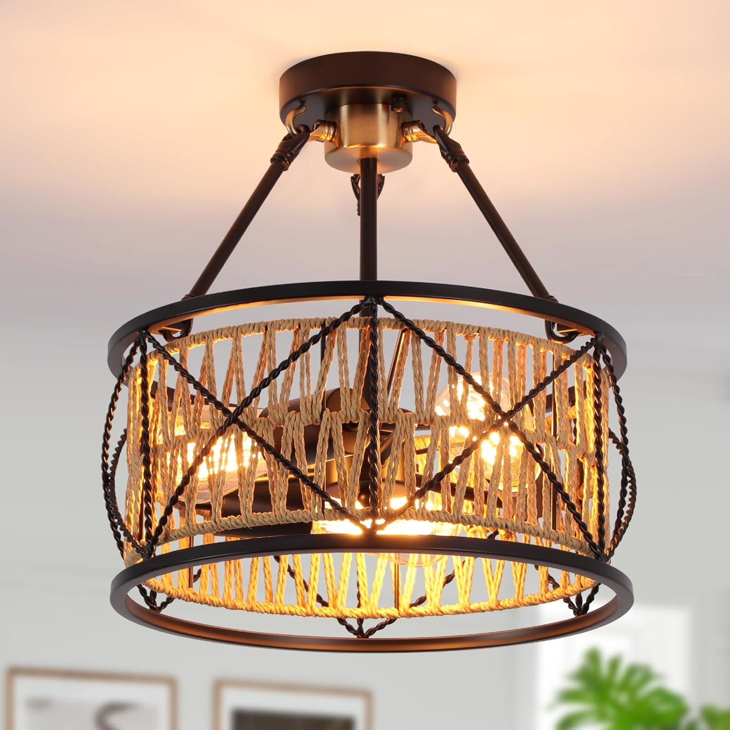 Hand Woven Farmhouse Chandeliers, Industrial Dual Round 3-Light Boho Flush Mount Ceiling Light Fixture, Rustic Coastal Black Gold Pendant Light for Dining Room Kitchen Bedroom Living Room
