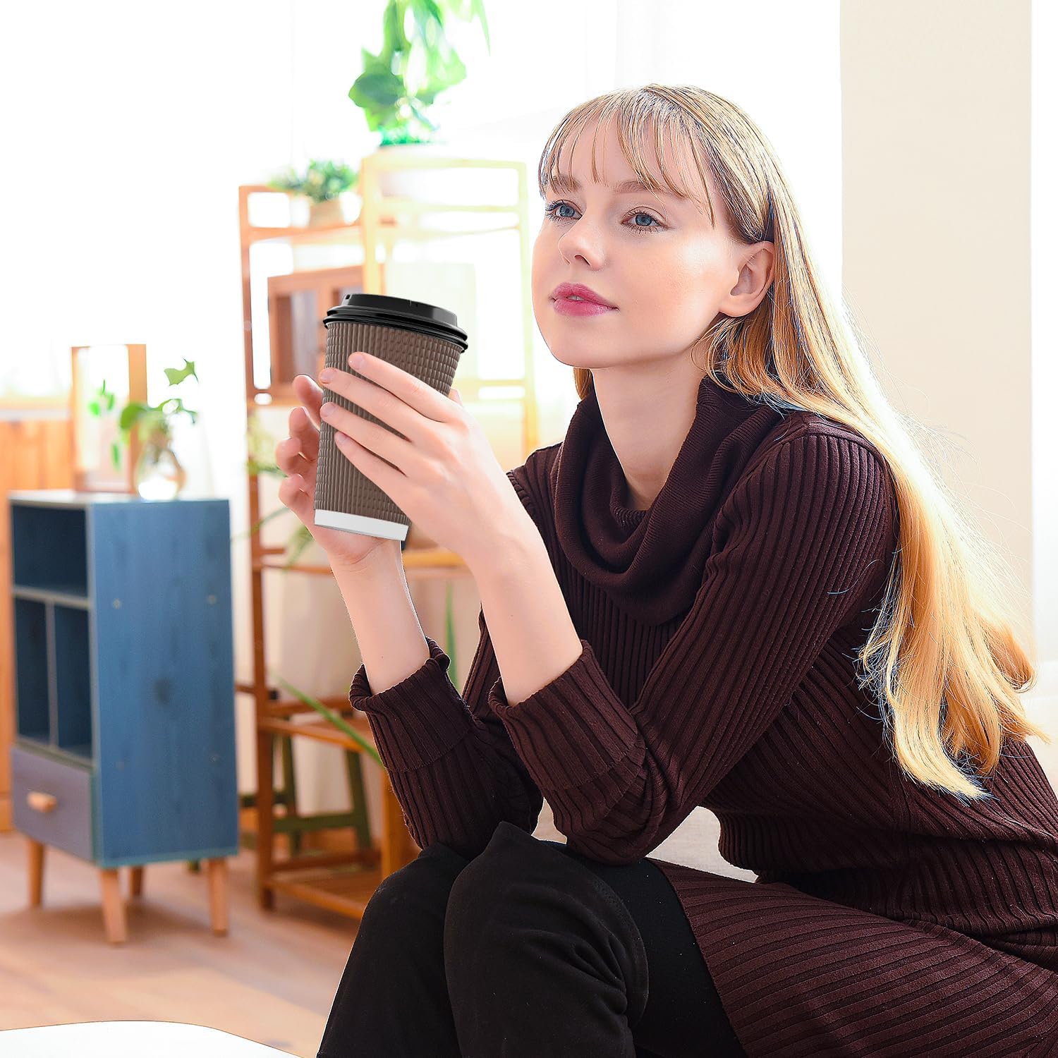 Qunclay Disposable Coffee Cups with Lids,16 oz (80 Pack) Togo Hot Paper Coffee Cup with Leak-Proof Lid To Go for Hot/Cold Beverages Insulated Reusable Drinks Corrugated Ripple Cups (Brown) - Image 6