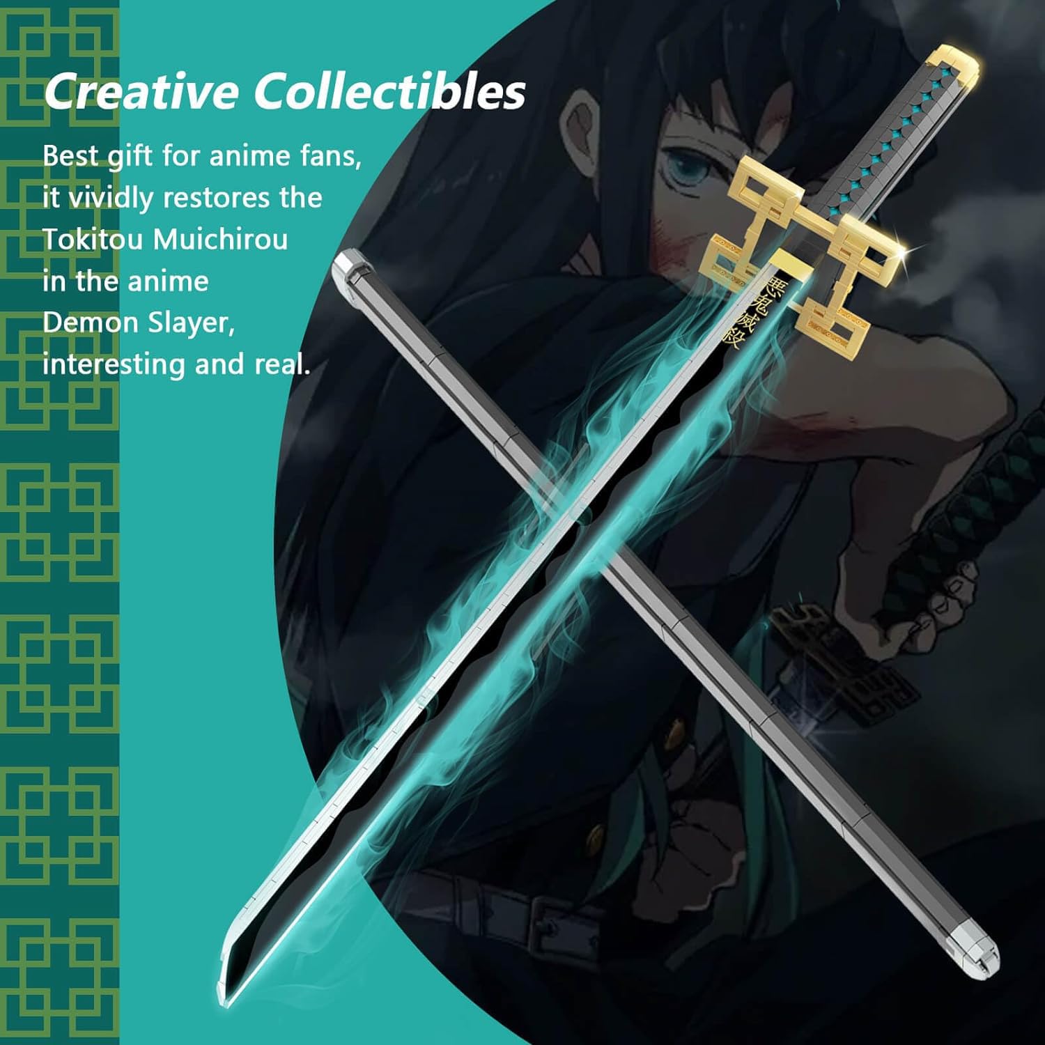 HIGH GODO Demon Anime - Juego de construcción de espada Tokitou Muichirou de 40 pulgadas con vaina y soporte, bloques de construcción de espada Katana de anime para cosplay, regalos coleccionables