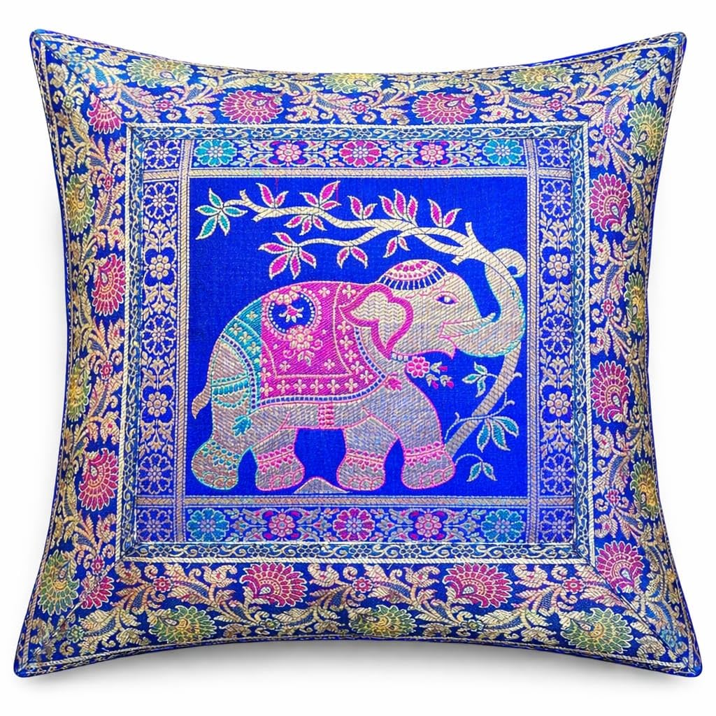 Original Kikan Royal Blue Indian Elephant Mandala Silk Cushion Covers Sari Brocade Boho Home Decor Cushion- Pillow Cases 16”X16” Zip Closure Banarsi | Ethnic - Handmade - Patchwork (Royal Blue)