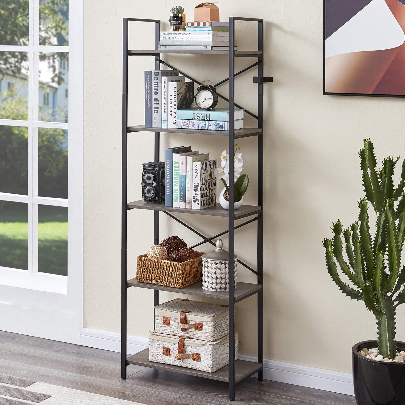 Small Bookshelf, 5-Tier Modern Wood Bookcase, Industrial Design Storage Rack Shelf with Metal Frame for Living Room, Bathroom and Office, Ash Grey