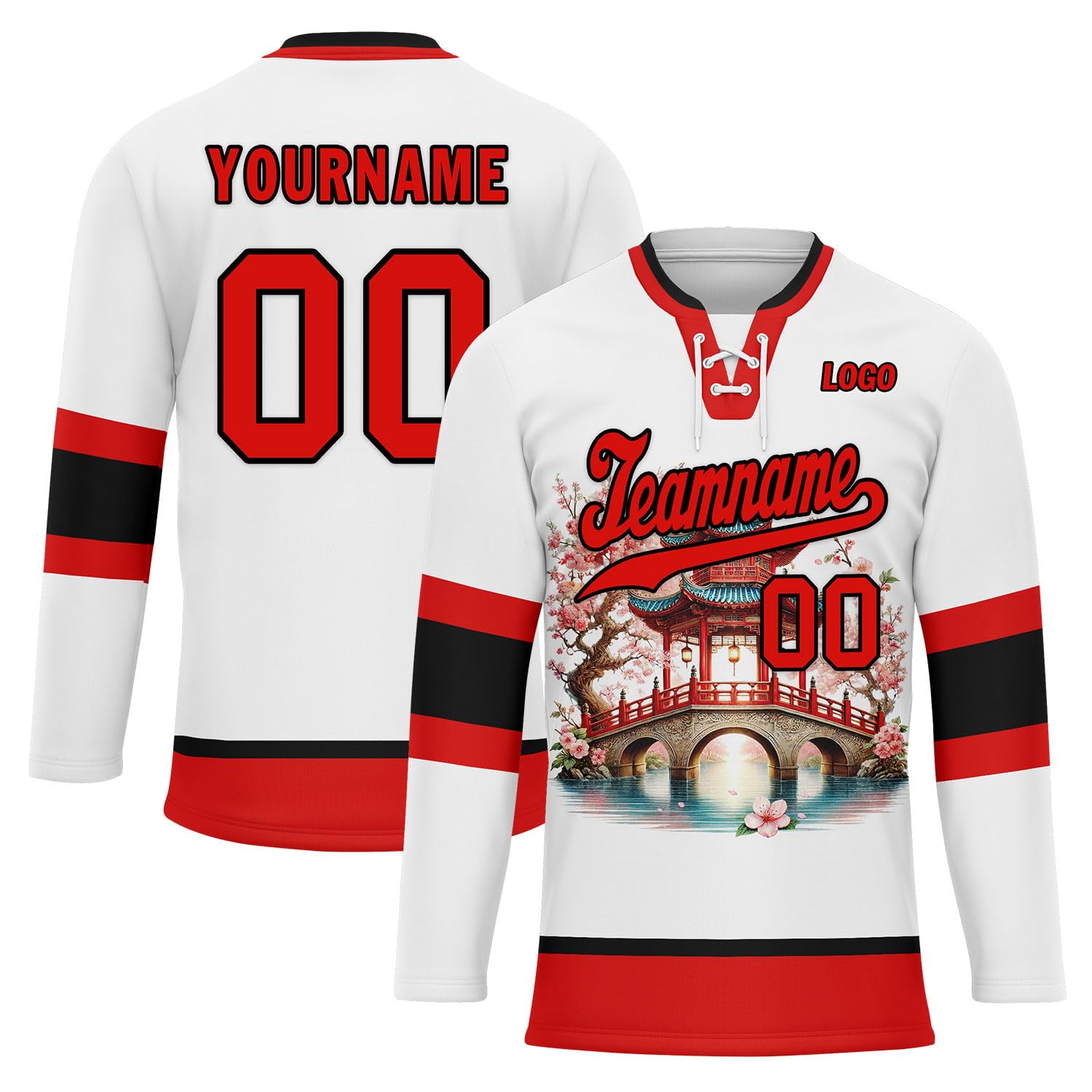 Onegam Custom Hockey Jersey for Adult Youth, Cherry Blossom Personalized Ice & Field Hockey Team Sports Practice Jerseys