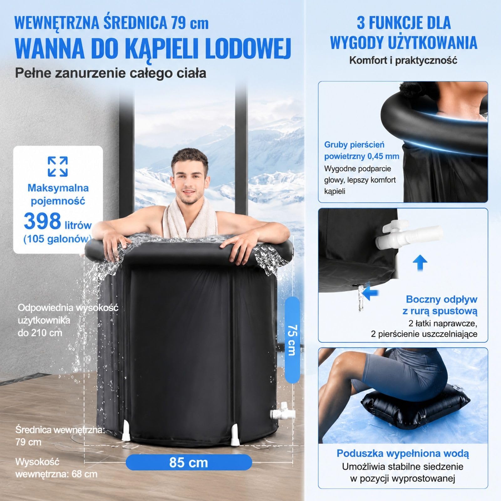 Nadmuchiwana wanna lodowa 330 L, czarna okrągła składana wanna z pokrywą do domu i na zewnątrz