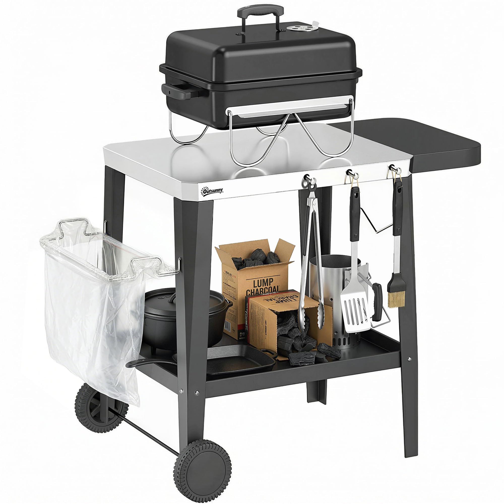 Outsunny Küchenwagen mit Rollen, Servierwagen, Rollwagen mit Haken, Papierrollenhalter, Müllsackständer, Küchenhilfe, BBQ Grilltisch aus Edelstahl Küchentrolley, 115 x 67,5 x 80,5 cm Schwarz