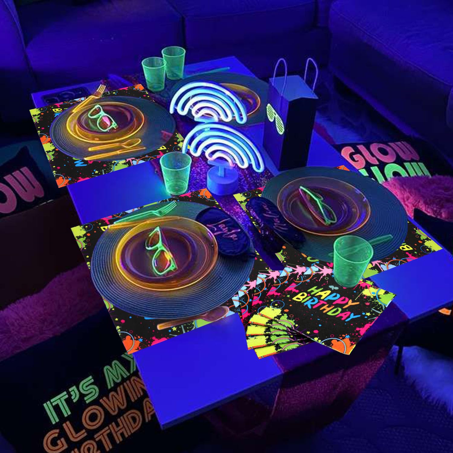 Set Sfondo Fotografico Che Si Illumina Al Buio, 2 Fogli Neri E 5 Penne Fluorescenti Per Feste Al Neon