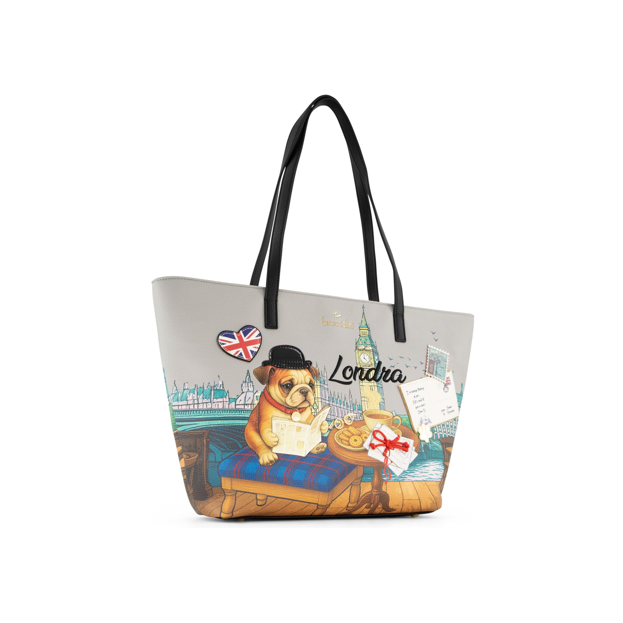 Braccialini Cartoline borsa a tracolla ideale per accompagnarti con praticità e stile nelle giornate più dinamiche La stampa dedicata a Londra mostra un simpatico bulldog inglese nella