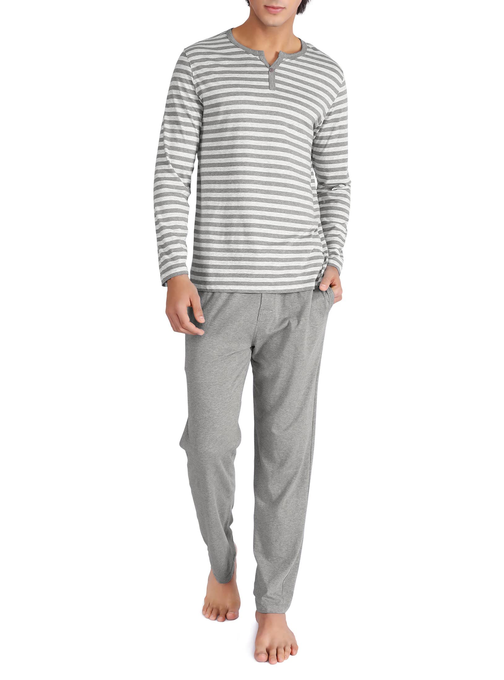 DAVID ARCHY Men's Cotton Heather Striped Sleepwear Long Sleeve Top & Bottom Pajama Set - Grey - Medium
