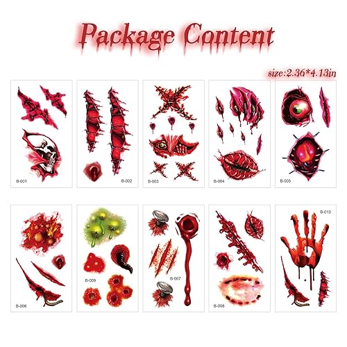 Miniatura 9 de Tatuajes temporales de Halloween, tatuajes falsos de cicatriz simulada, ojos de calavera de sangre, marcas de mordeduras, calcomanías de tatuaje, 10